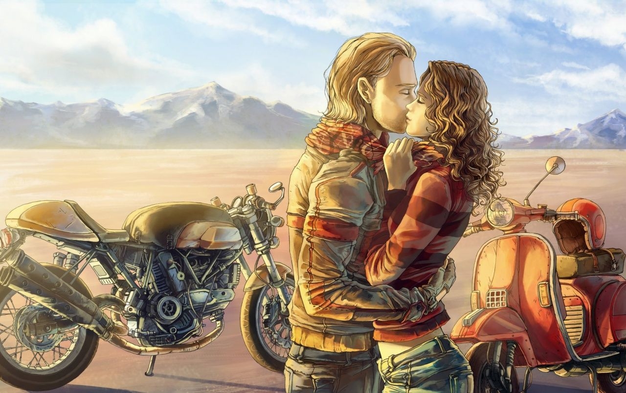 1280x810 Couple Bike Kiss Mood Paint wallpaper. Couple Bike Kiss Mood Paint, Desktop