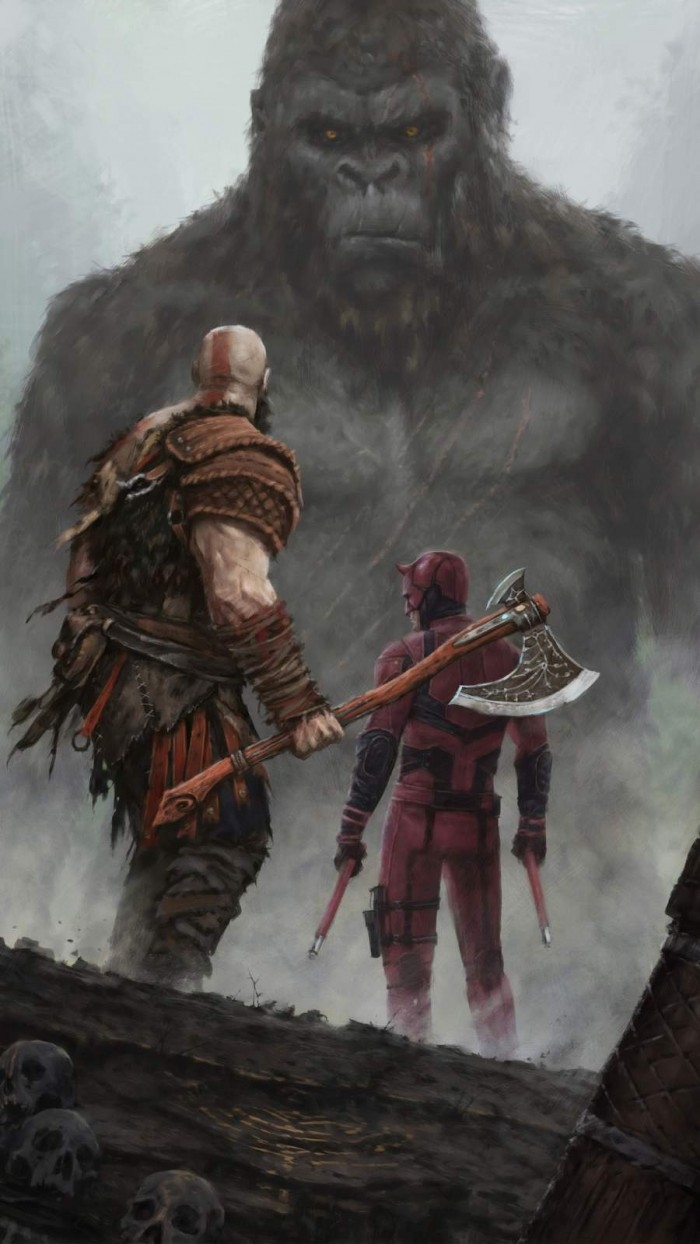 700x1250 Kratos And Dare Devil Vs King Kong IPhone Wallpaper, Phone