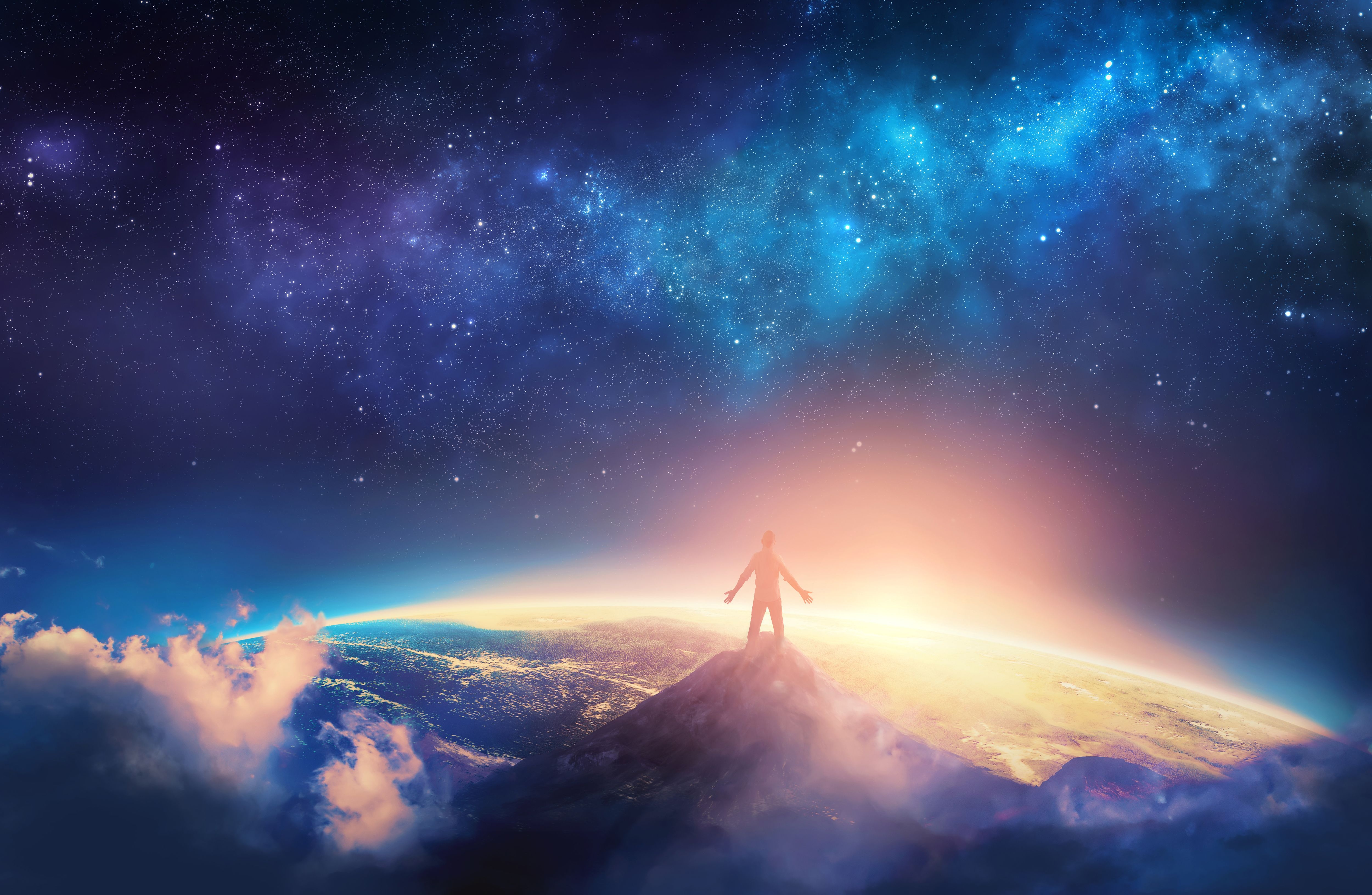 5000x3270 Wallpaper Man, Standing, Mountain top, Space, Peak, 4K, Fantasy, Desktop