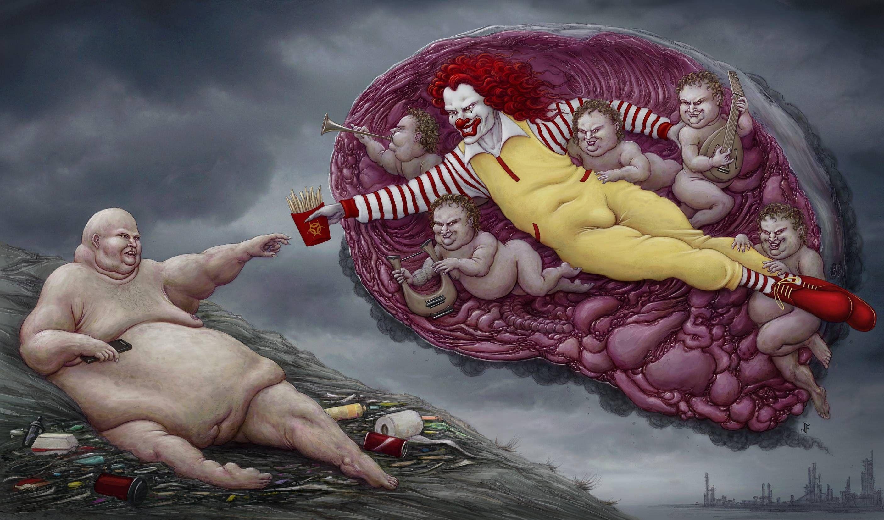 2820x1660 Ronald McDonald, #The Creation of Adam, #McDonald's, #dark humor, Desktop