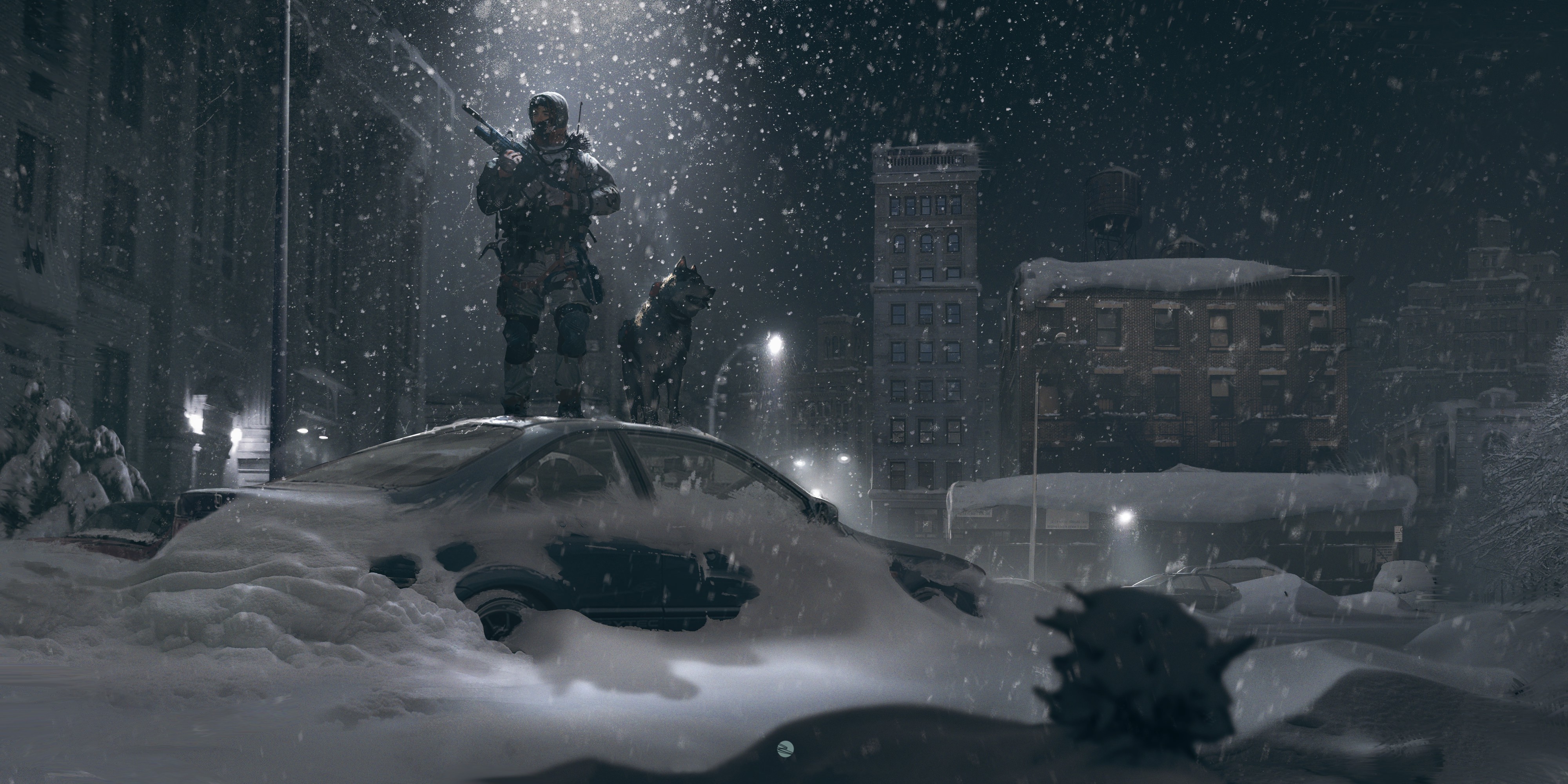 4000x2000 winter artwork soldier city wallpaper, Dual Screen