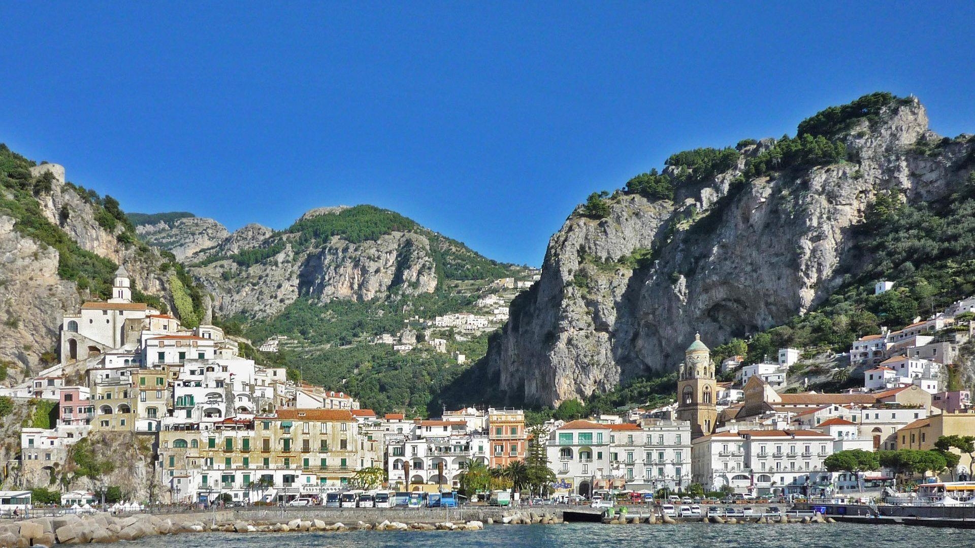 1920x1080 Mountain: Amalfi Coast Italy Houses Water Mountains Harbor Church, Desktop