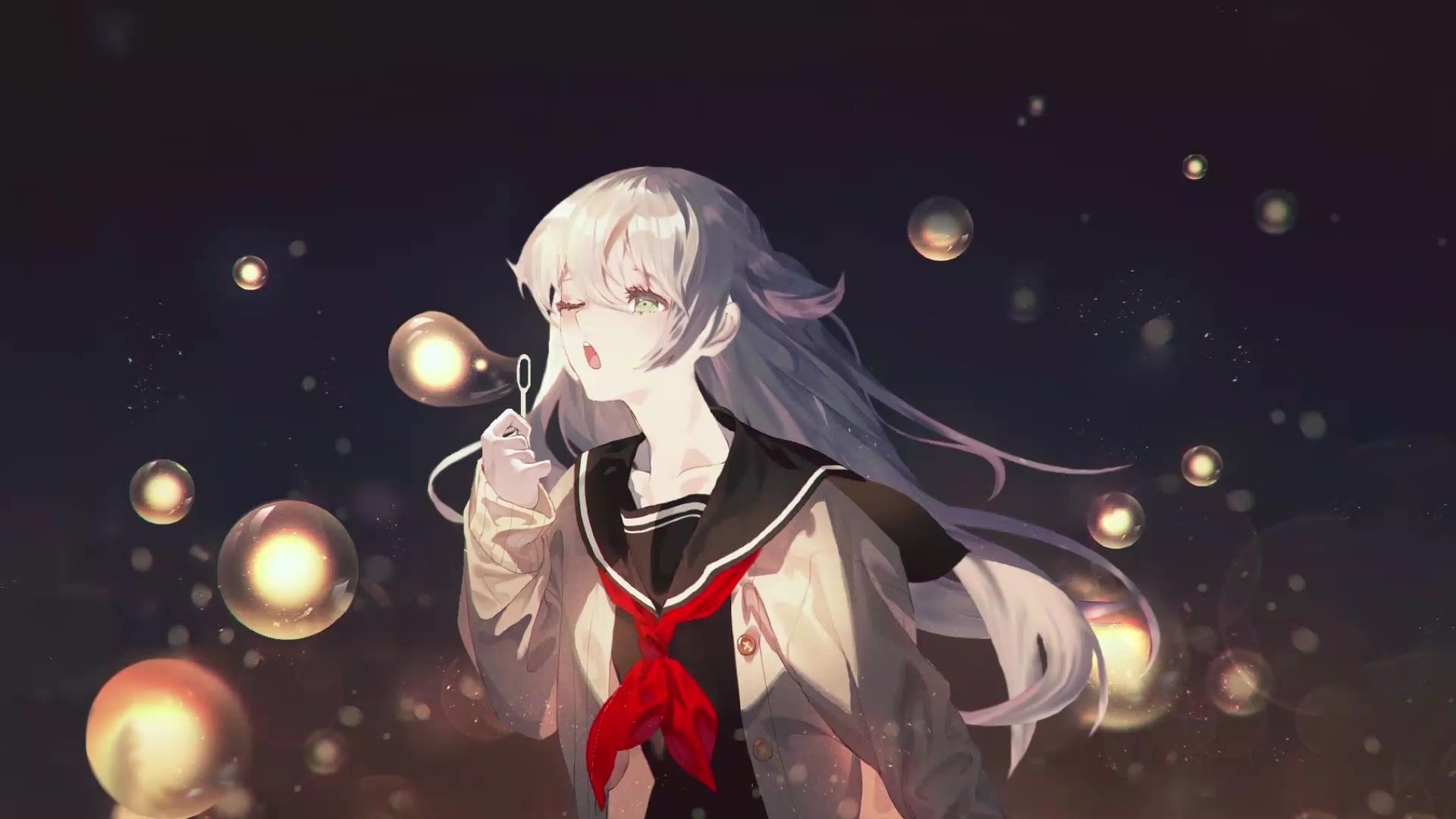 1920x1080 Anime Girl Blowing Bubbles At Night Live Wallpaper, Desktop