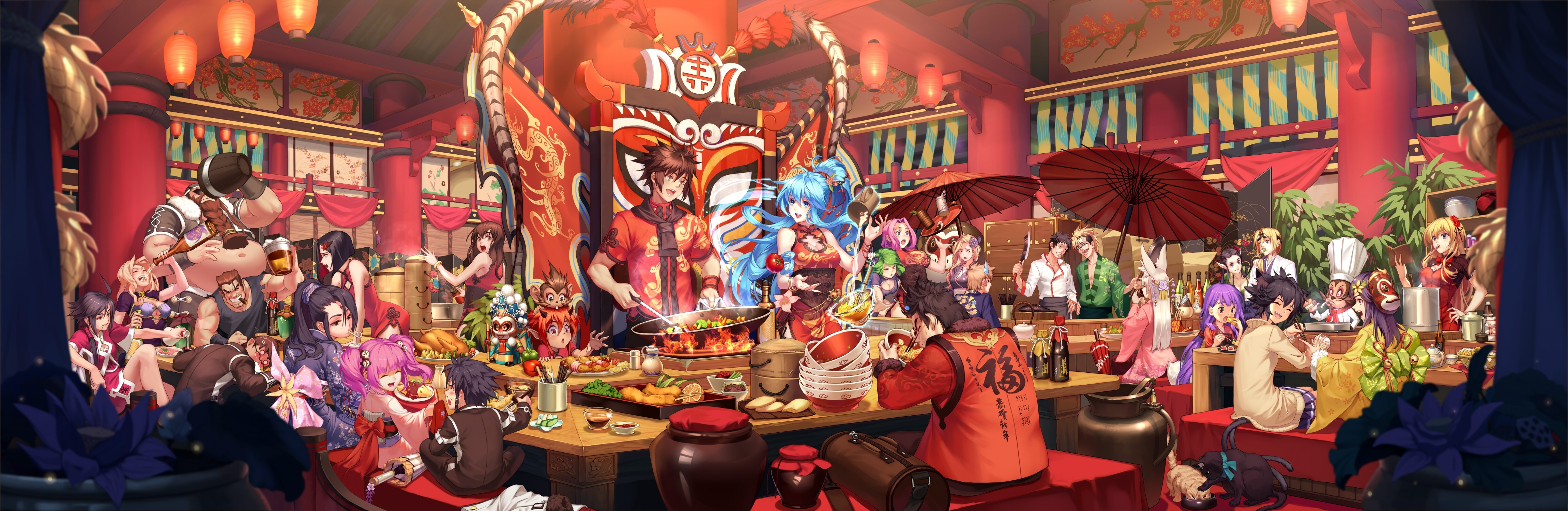 4610x1500 Wallpaper / Tavern, Alcohol, Anime, Anime Boys, Anime Girls, Ultra Wide Free Download, Dual Screen