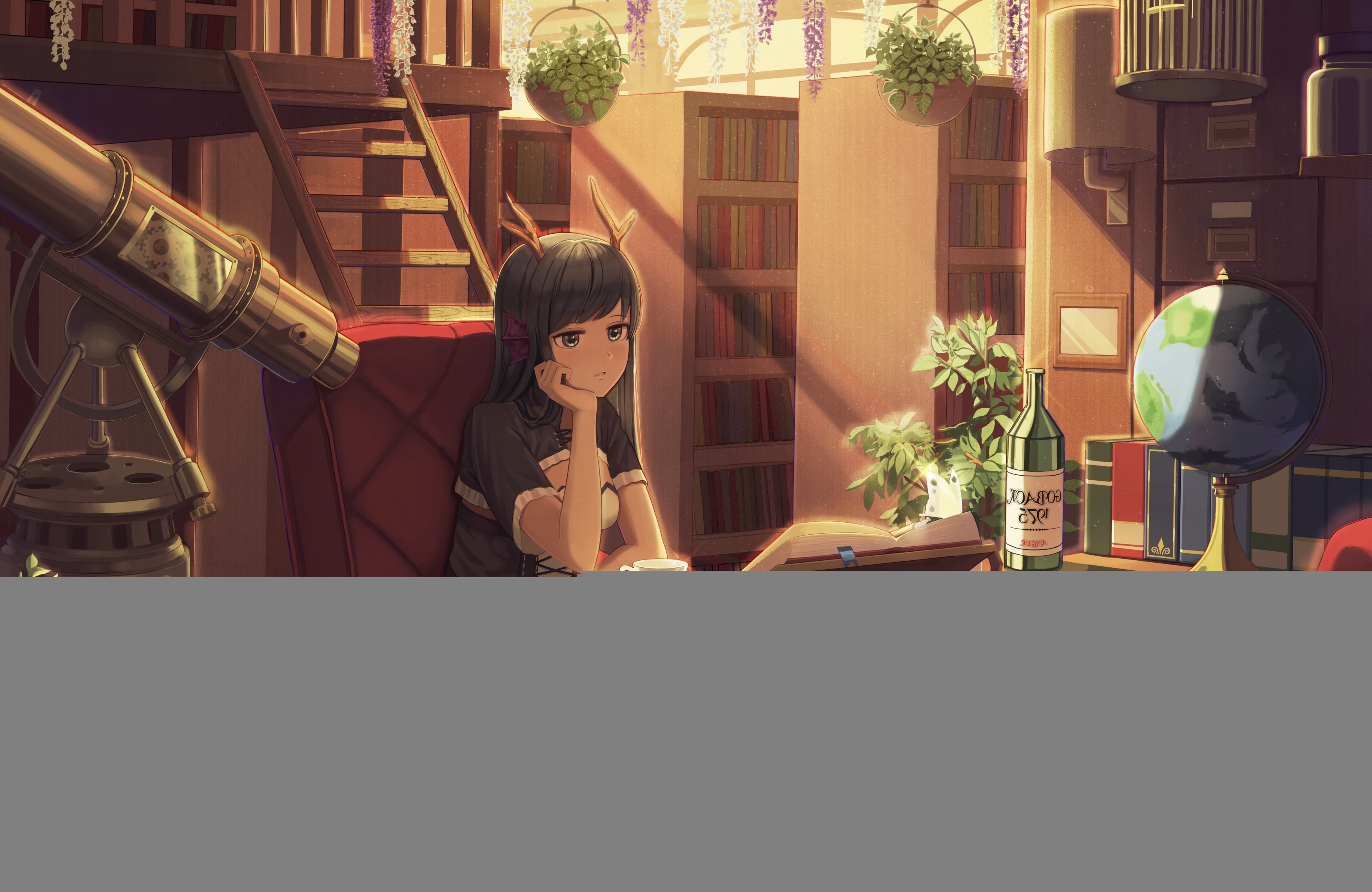 3500x2280 Wallpaper Books, Horns, Studying, Neko, Room, Library, Anime Girl:, Desktop