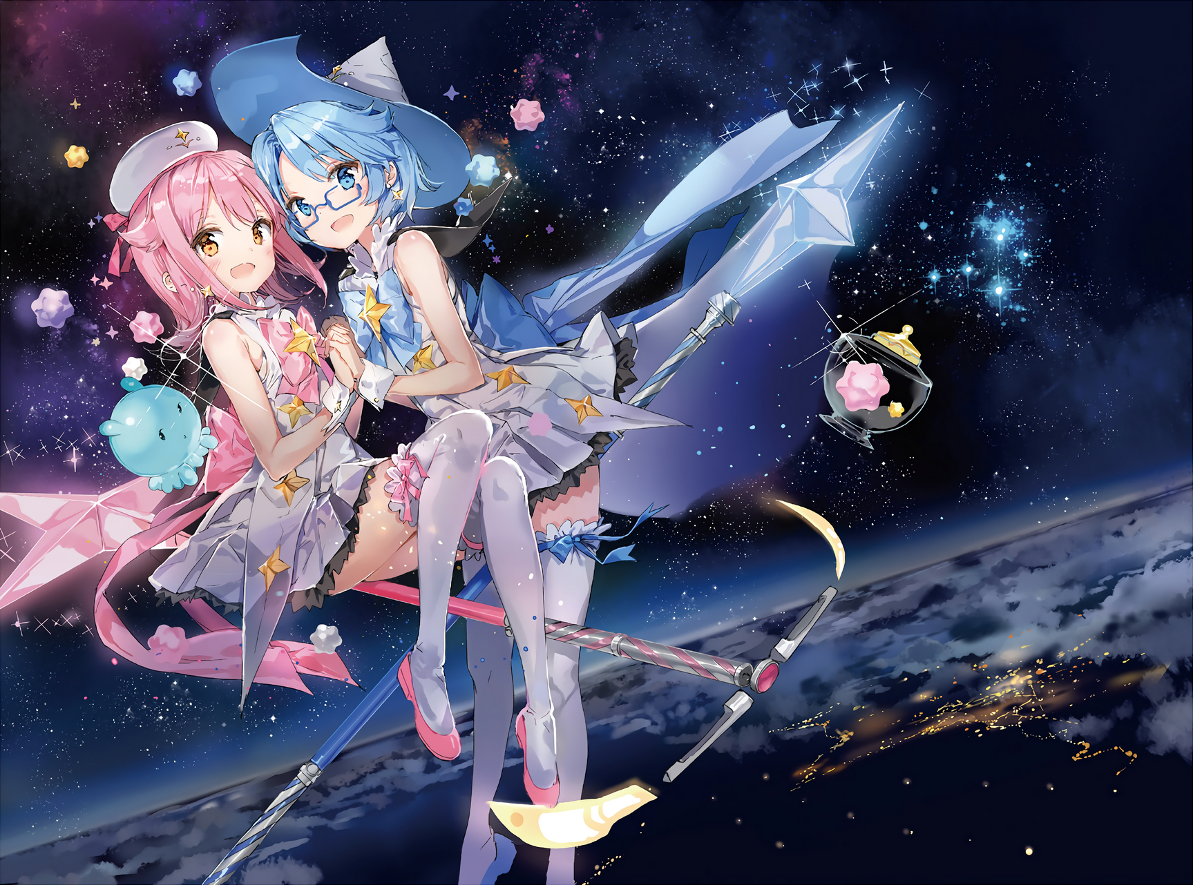 1730x1290 Wallpaper Anime Girls, Smiling, Meganekko, Pink Hair, Stars, Desktop