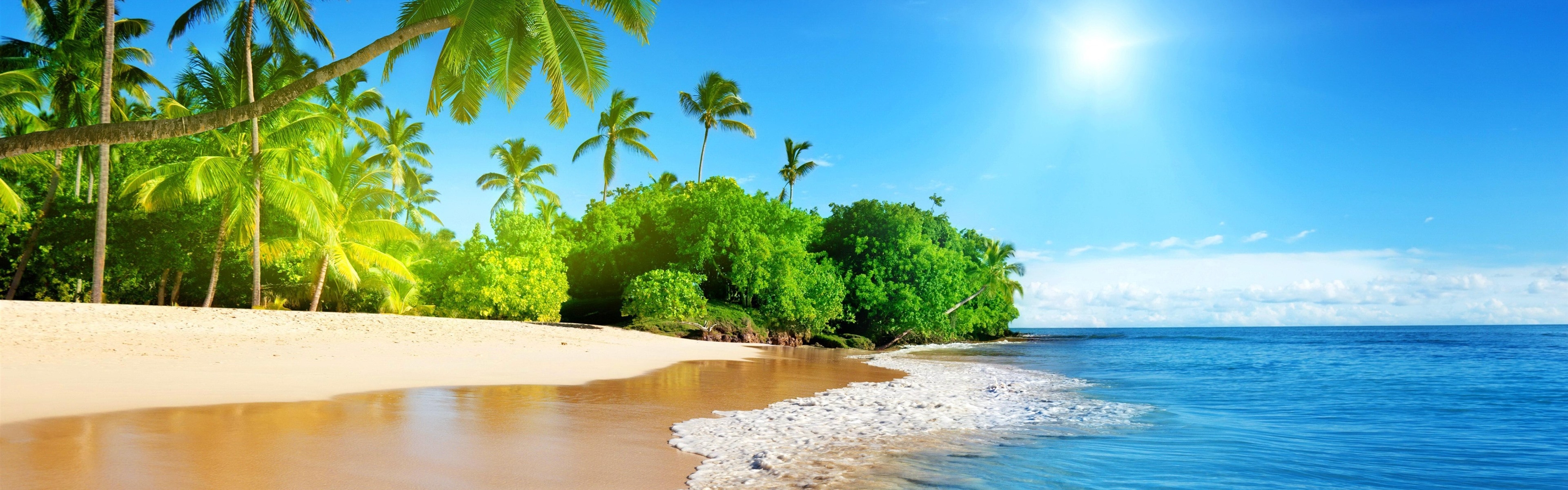 3840x1200 Wallpaper Beautiful beach, palm trees, sea, sunshine, tropical, Dual Screen