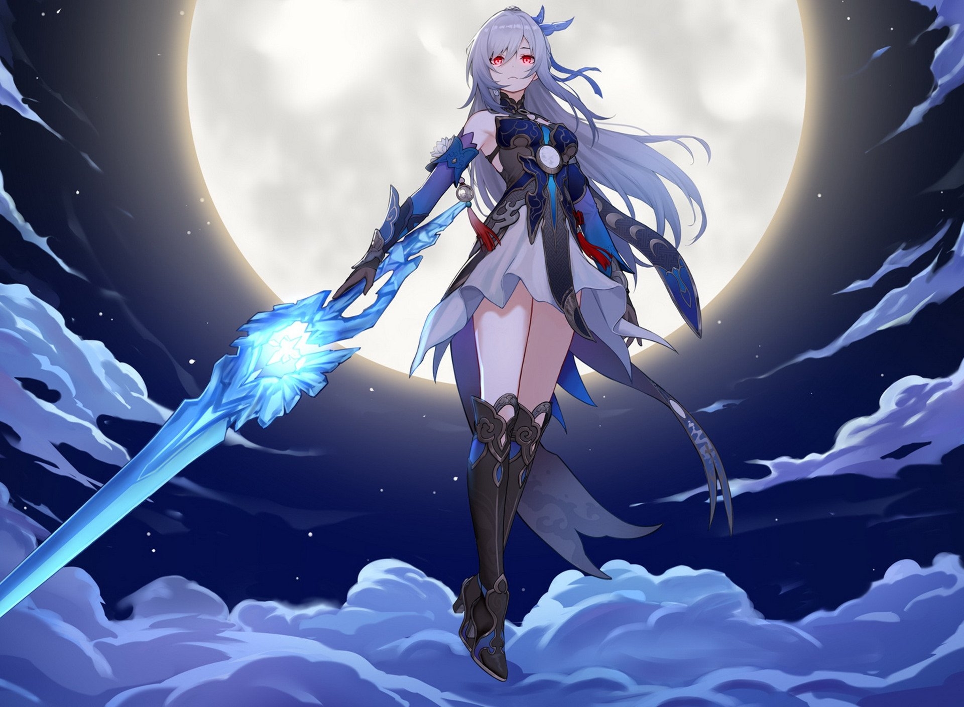 1920x1410 Download wallpaper clouds, pose, The moon, stand, character, Honkai Star Rail, Hongkai Star Rail, Jingliu, section games in resolution, Desktop