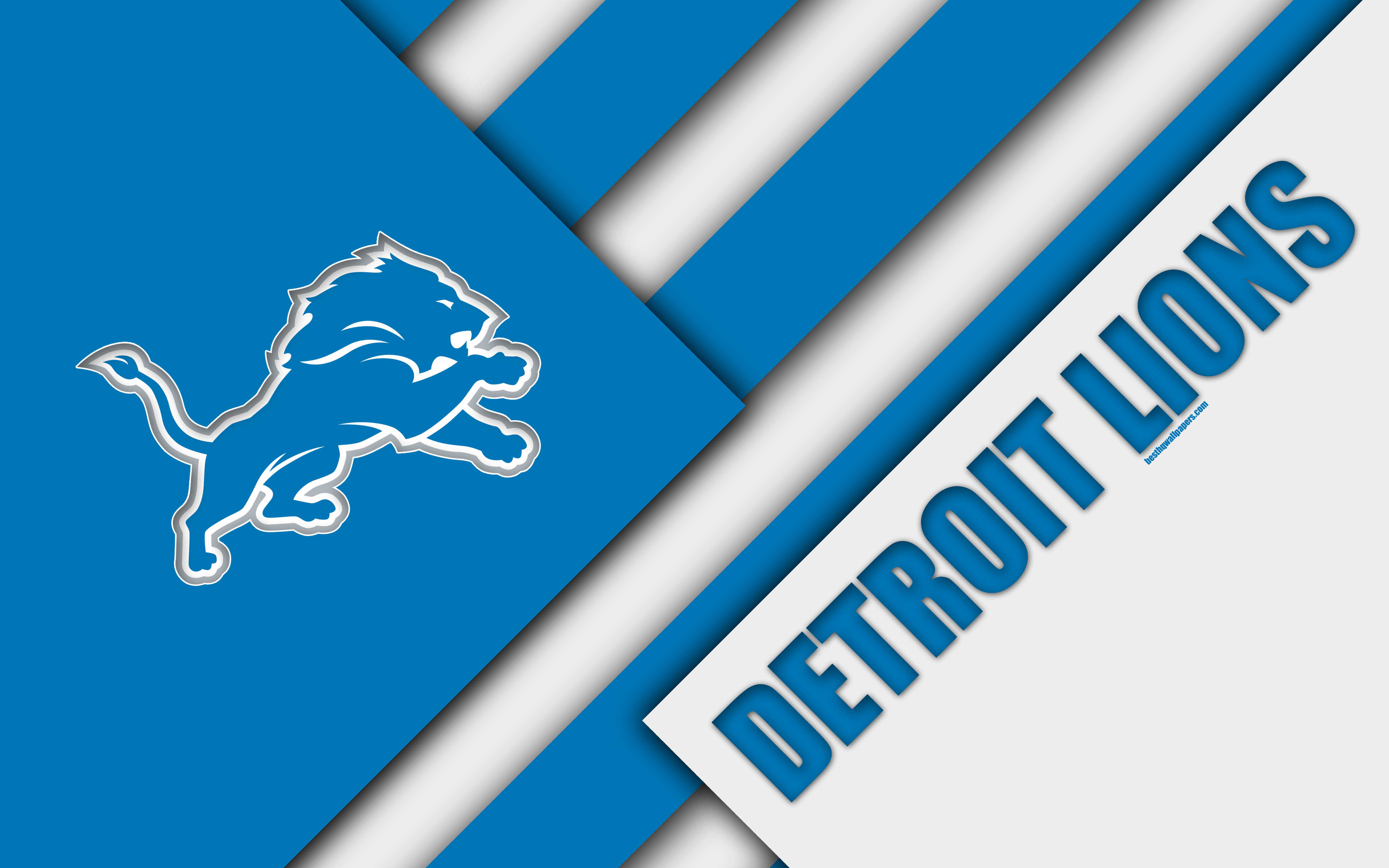 3840x2400 Download wallpaper Detroit Lions, 4k, logo, NFL, blue white abstraction, material design, American football, Detroit, Michigan, USA, National Football League, NFC North for desktop with resolution. High Quality HD picture wallpaper, Desktop