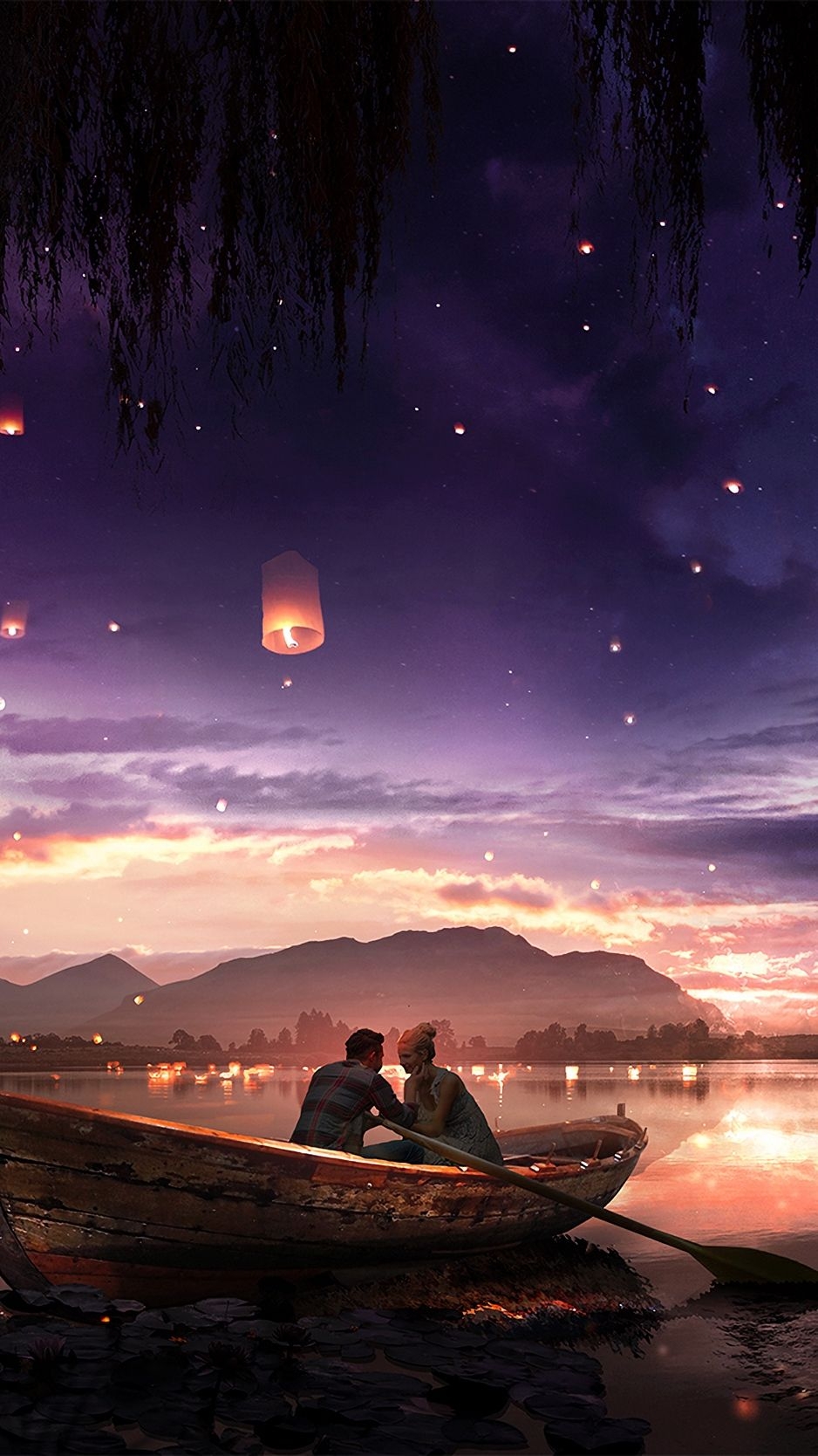 940x1670 Wallpaper Boat, Couple, Stars, Night, Romance, Art In Boat Night, Phone