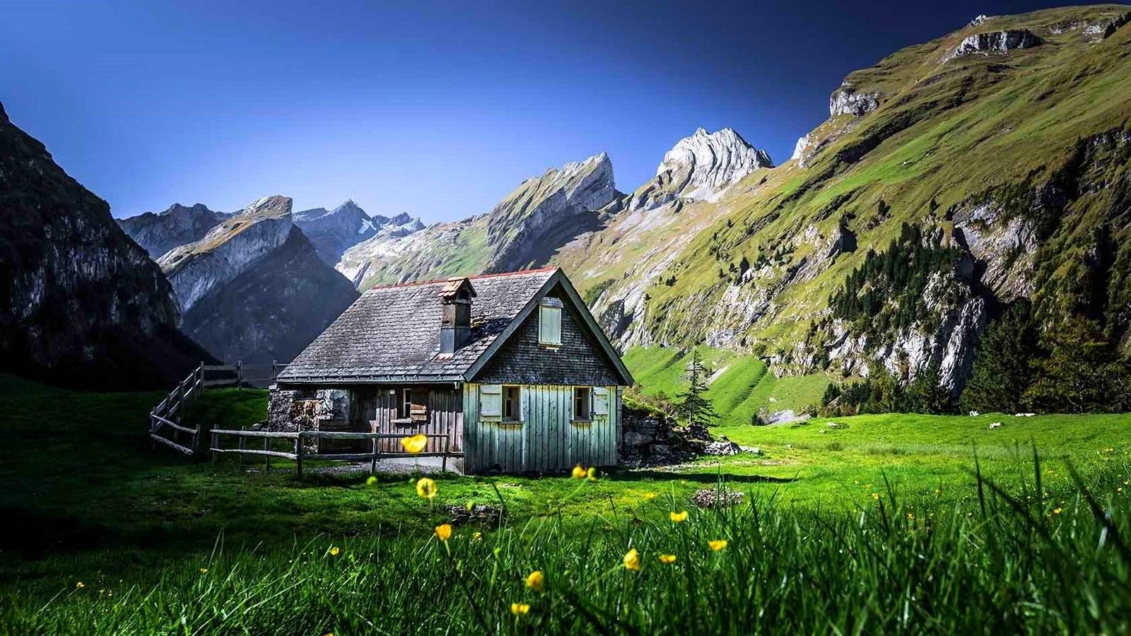 1600x900 #cabin, #nature, #summer, #wildflowers, #fence, #mountains, Desktop