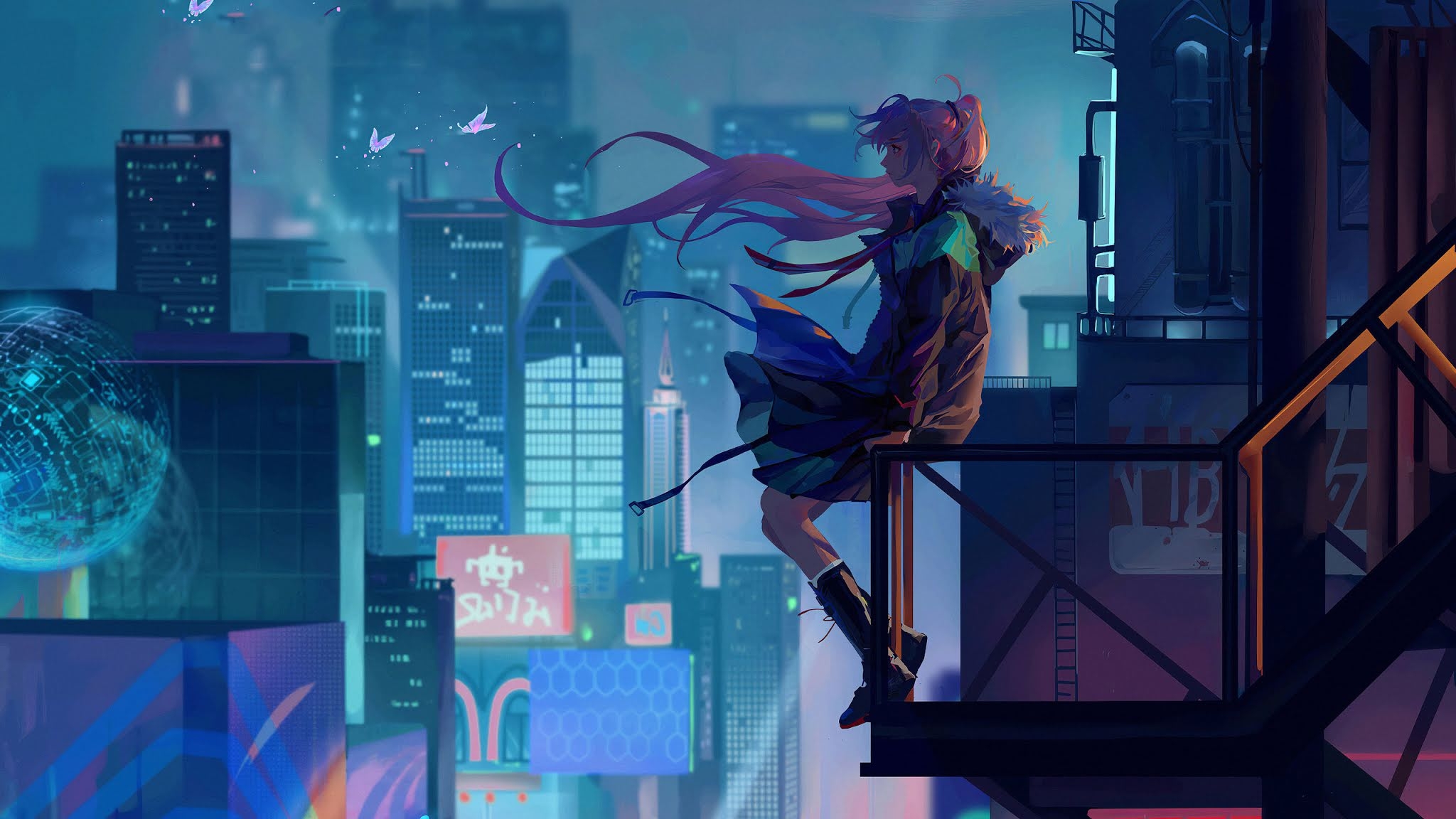 2050x1160 City Anime Girl Alone 4k Wallpaper, Desktop