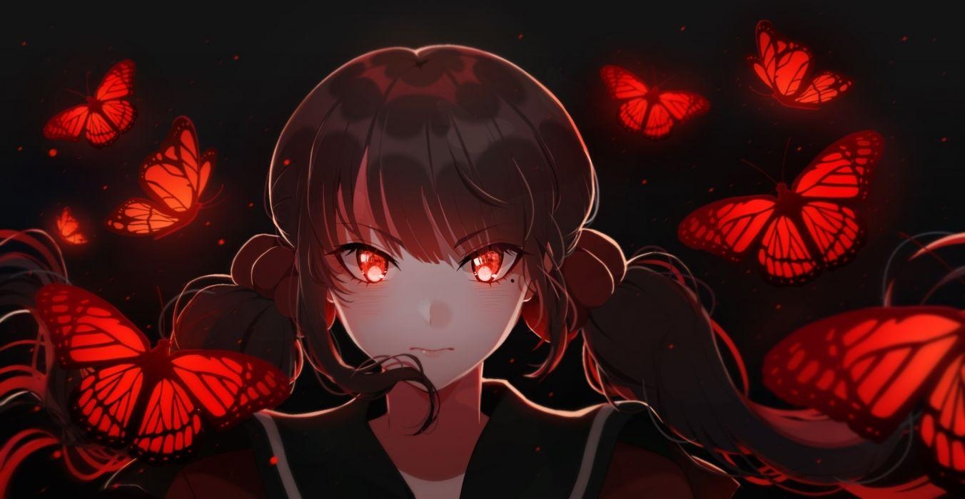 1360x700 Danganronpa harukawa maki brown hair twintails butterflies red, Desktop