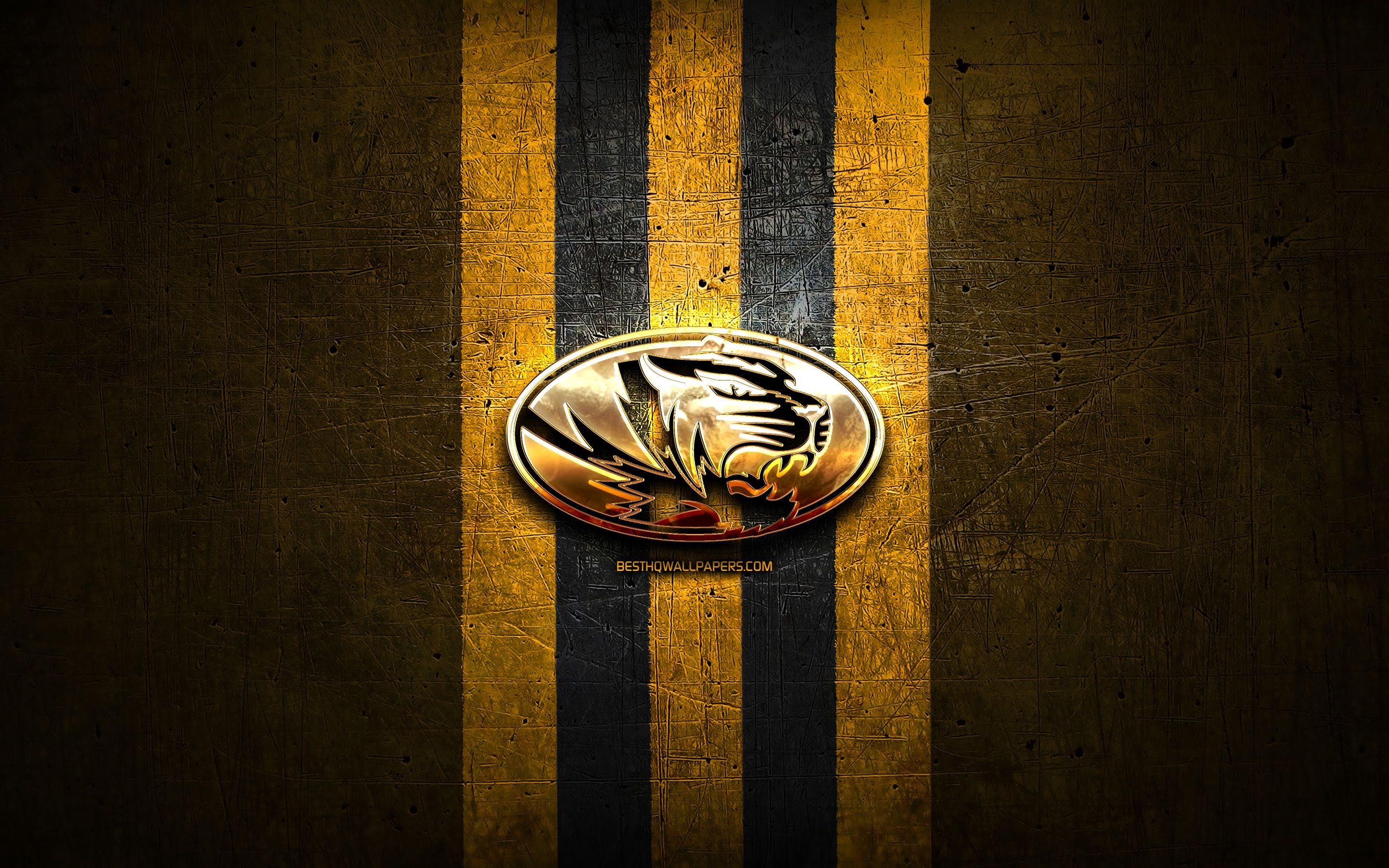 2880x1800 Download wallpaper Missouri Tigers, golden logo, NCAA, yellow metal background, american football club, Missouri Tigers logo, american football, USA for desktop with resolution. High Quality HD picture wallpaper, Desktop