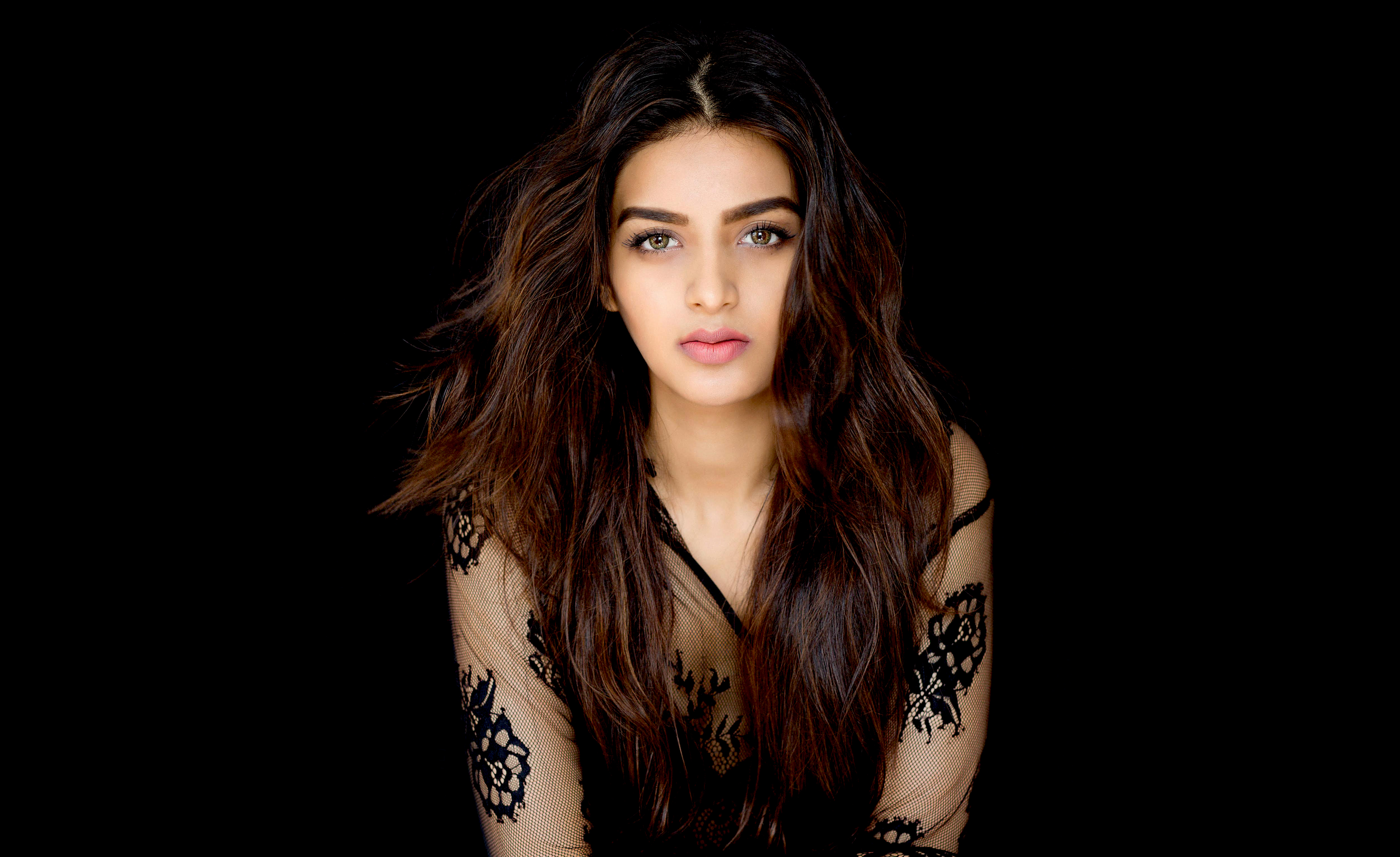 5000x3060 Nidhhi Agerwal Wallpaper 4K, Indian Actress, Telugu Actress, Black Background, Black Dark, Desktop