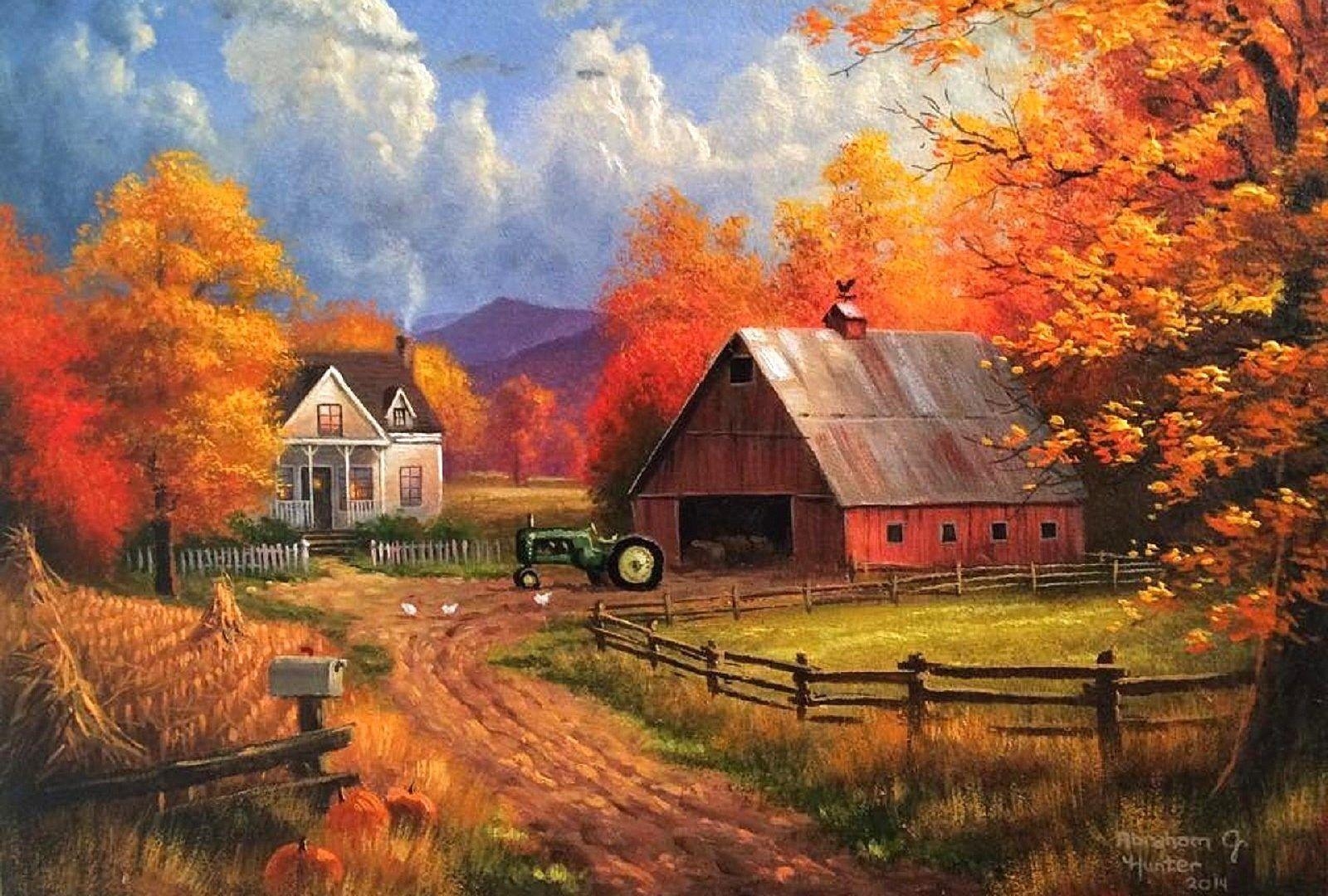 1600x1080 Farms: Autumn Farms Paintings Colors Trees Nature Fall, Desktop