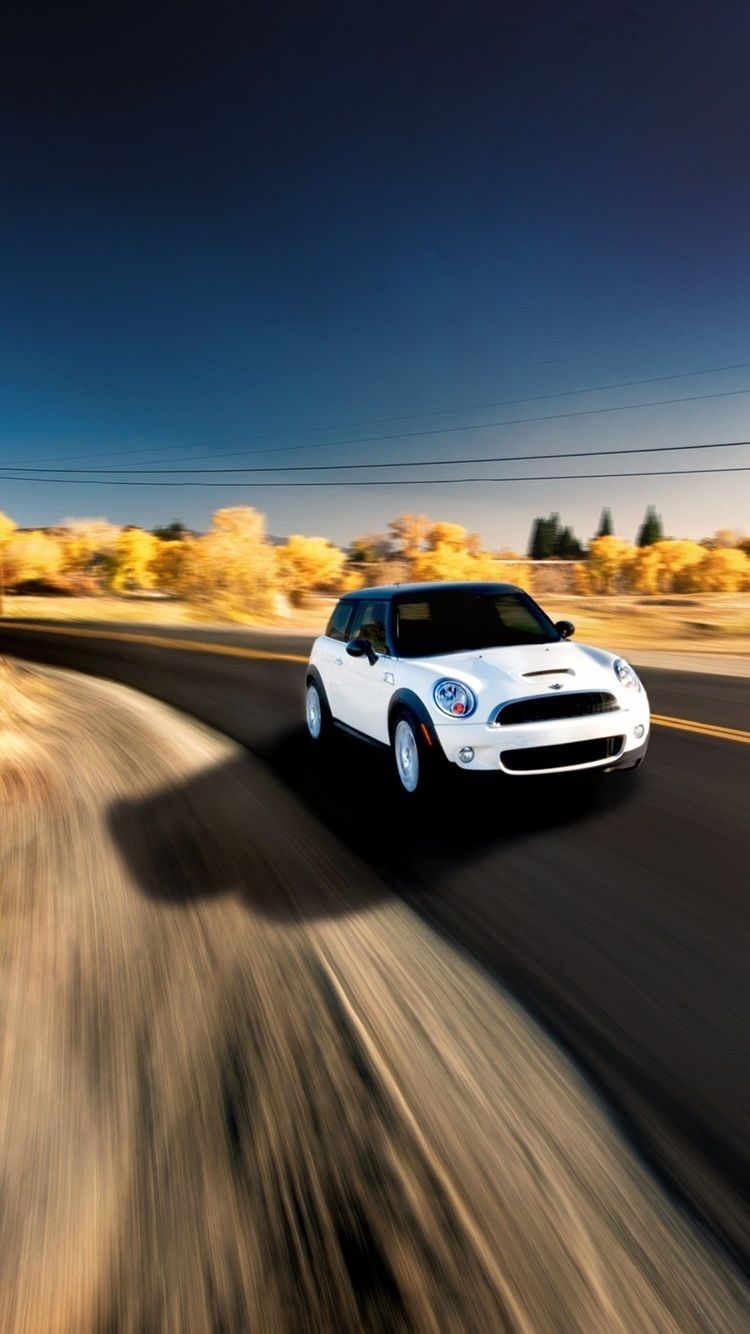 750x1340 White MINI Cooper Car In Speed  IPhone 8 7 6 6S Wallpaper, Background, Picture, Image, Phone