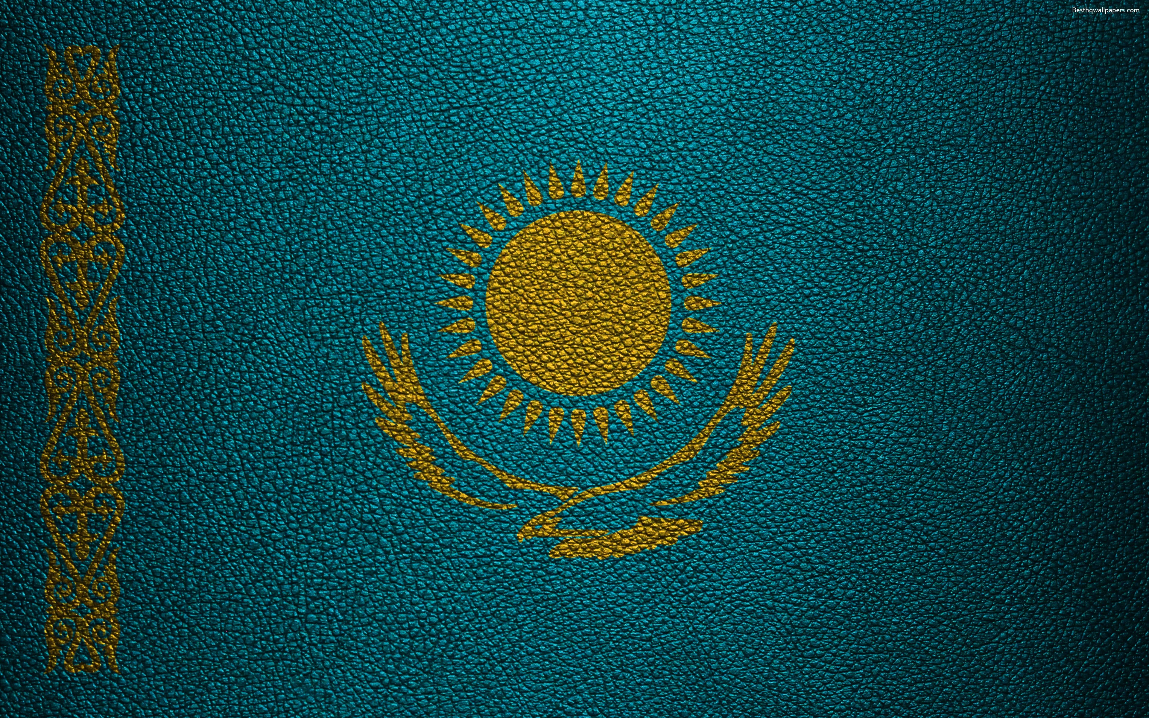 3840x2400 Download wallpaper Flag of Kazakhstan, 4k, leather texture, Desktop