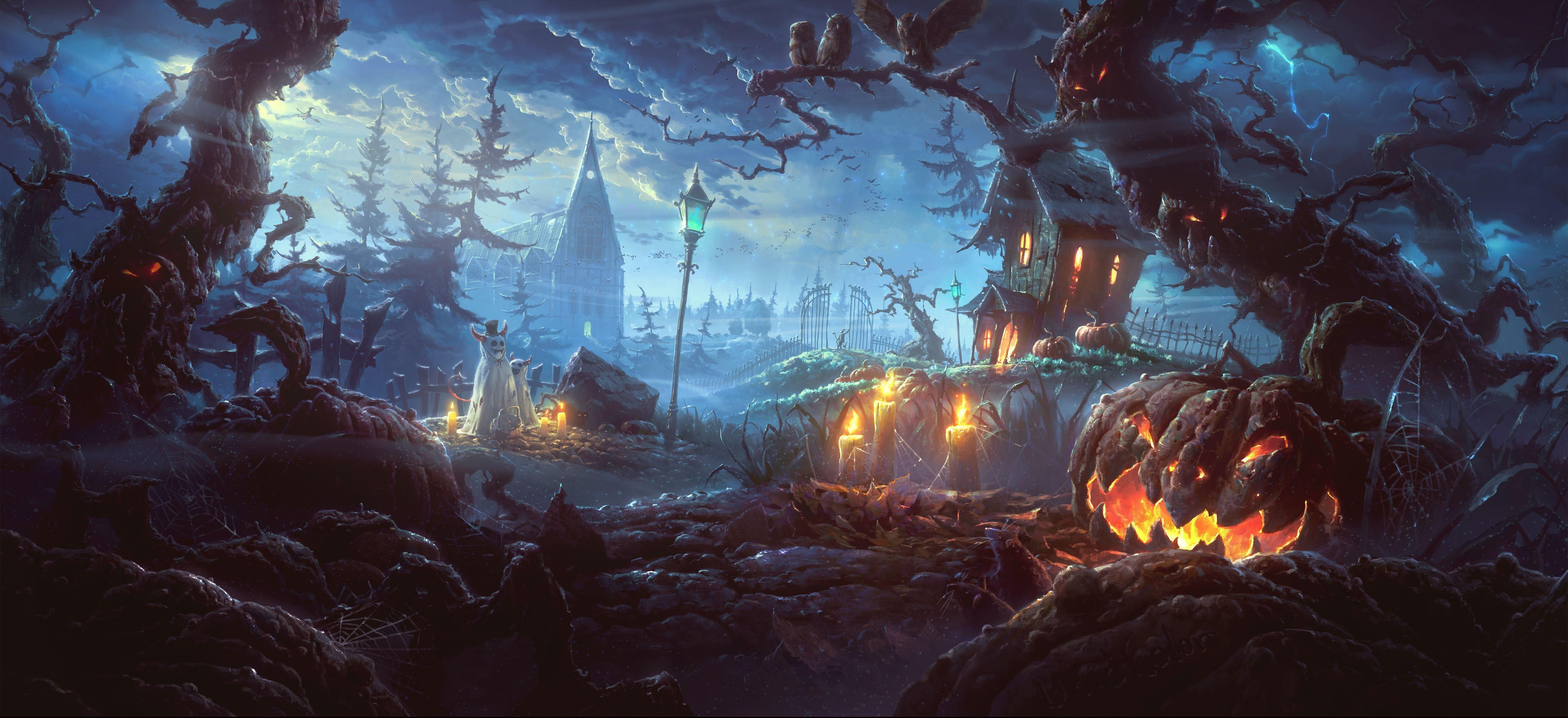 5000x2290 Creepy Halloween 4k Ultra HD Wallpaper, Dual Screen