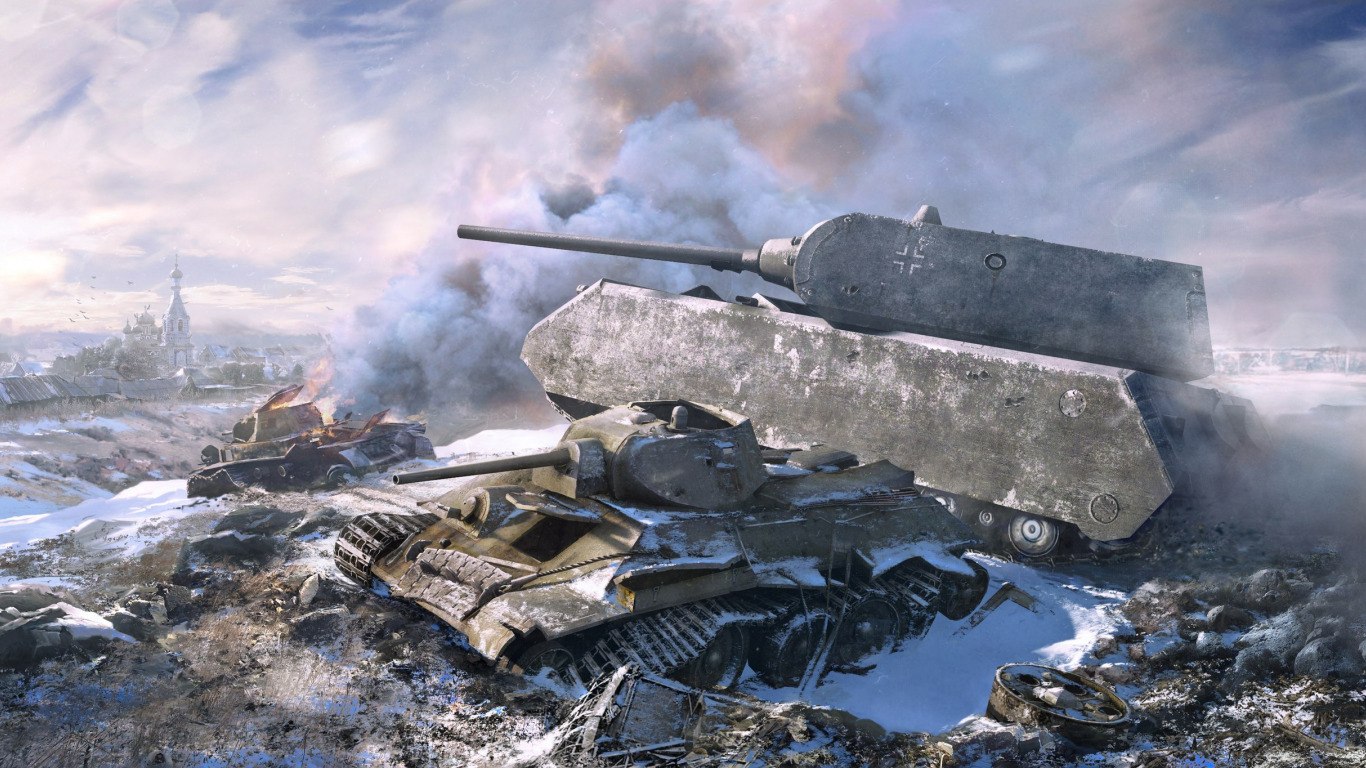 1370x770 Download wallpaper winter, war, T- germany, tank, maus, section weapon in resolution, Desktop