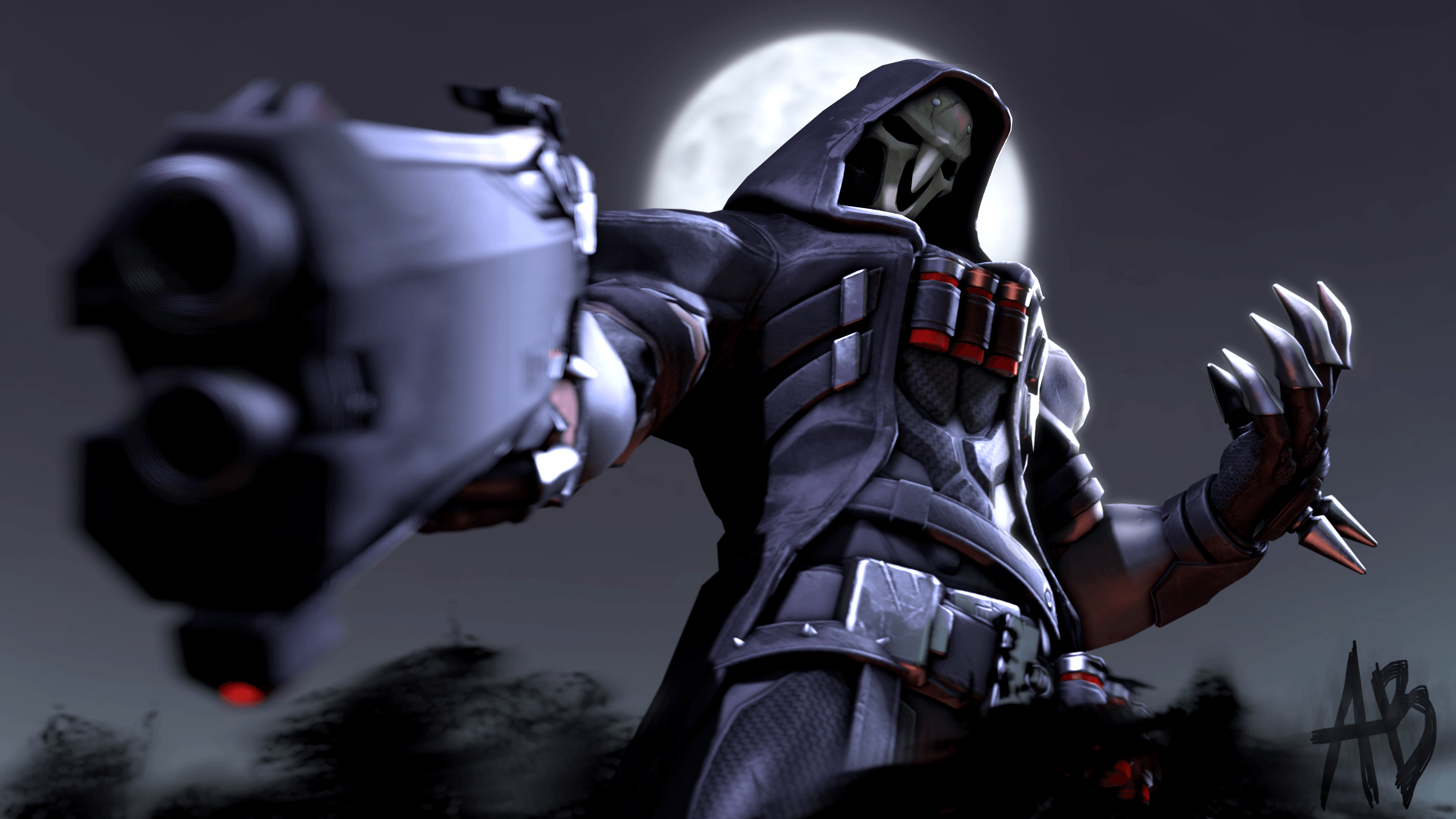 3840x2160 Wallpaper Reaper, Overwatch, Hood, Gun, Moon, Artwork, Desktop