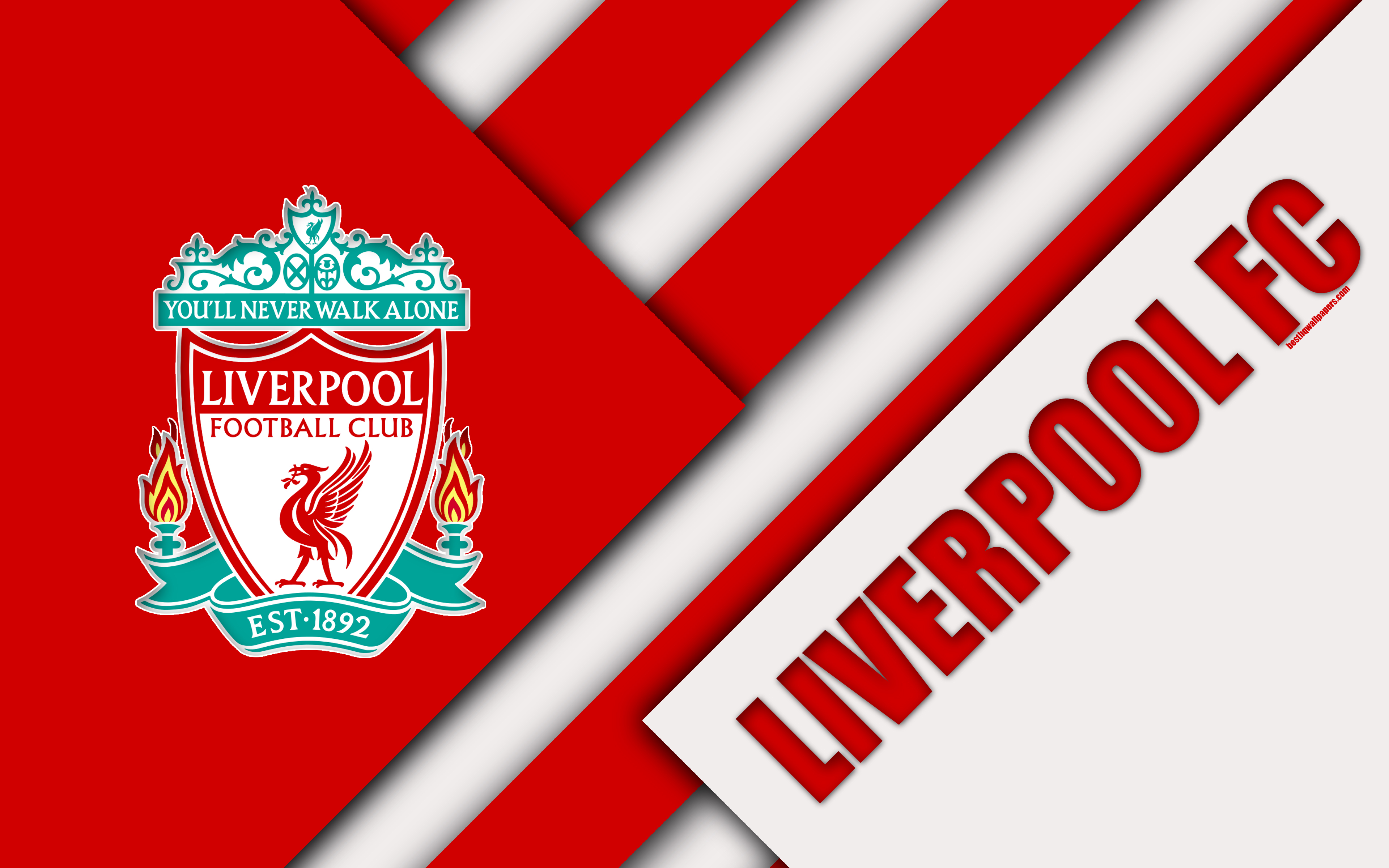 3840x2400 Download wallpaper Liverpool FC, logo, 4k, material design, red white abstraction, football, Liverpool, England, UK, Premier League, English football club for desktop with resolution. High Quality HD picture wallpaper, Desktop