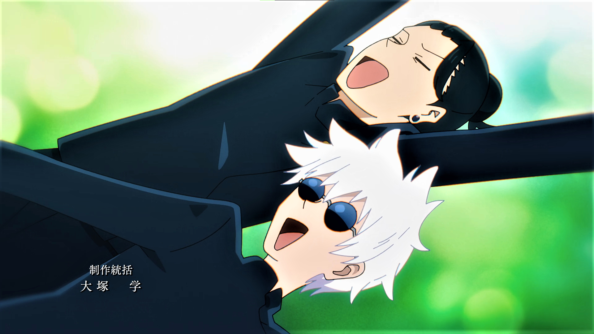 1920x1080 Wallpaper, Jujutsu Kaisen, Suguru Geto, Satoru Gojo, glasses, white hair, Anime screenshot, anime boys, Japanese, uniform, green background, smiling, Desktop