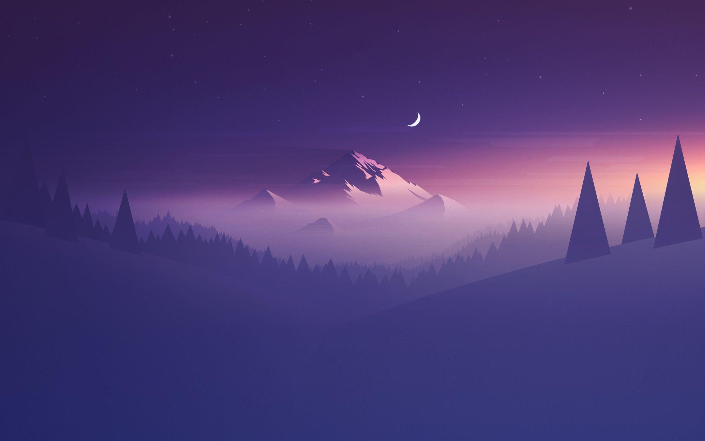 2880x1800 Wallpaper Mountain, Minimal, Half moon, HD, Creative Graphics, Desktop