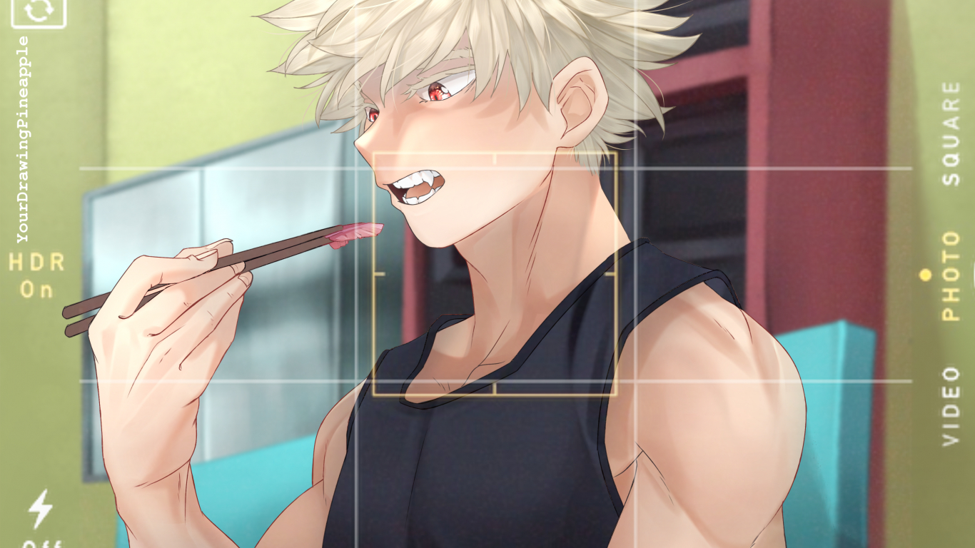 1370x770 Download  Bakugou Katsuki, Boku No Hero Academia, Eating, Chopsticks Wallpaper for Laptop, Notebook, Desktop