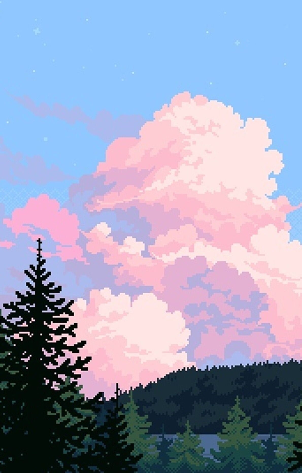 1190x1870 Wallpaper. Pixel. Sky. Forest. Trees. Lake. Pink. Green. Blue 650277633678075708. Pixel art background, Art background, Aesthetic art, Phone