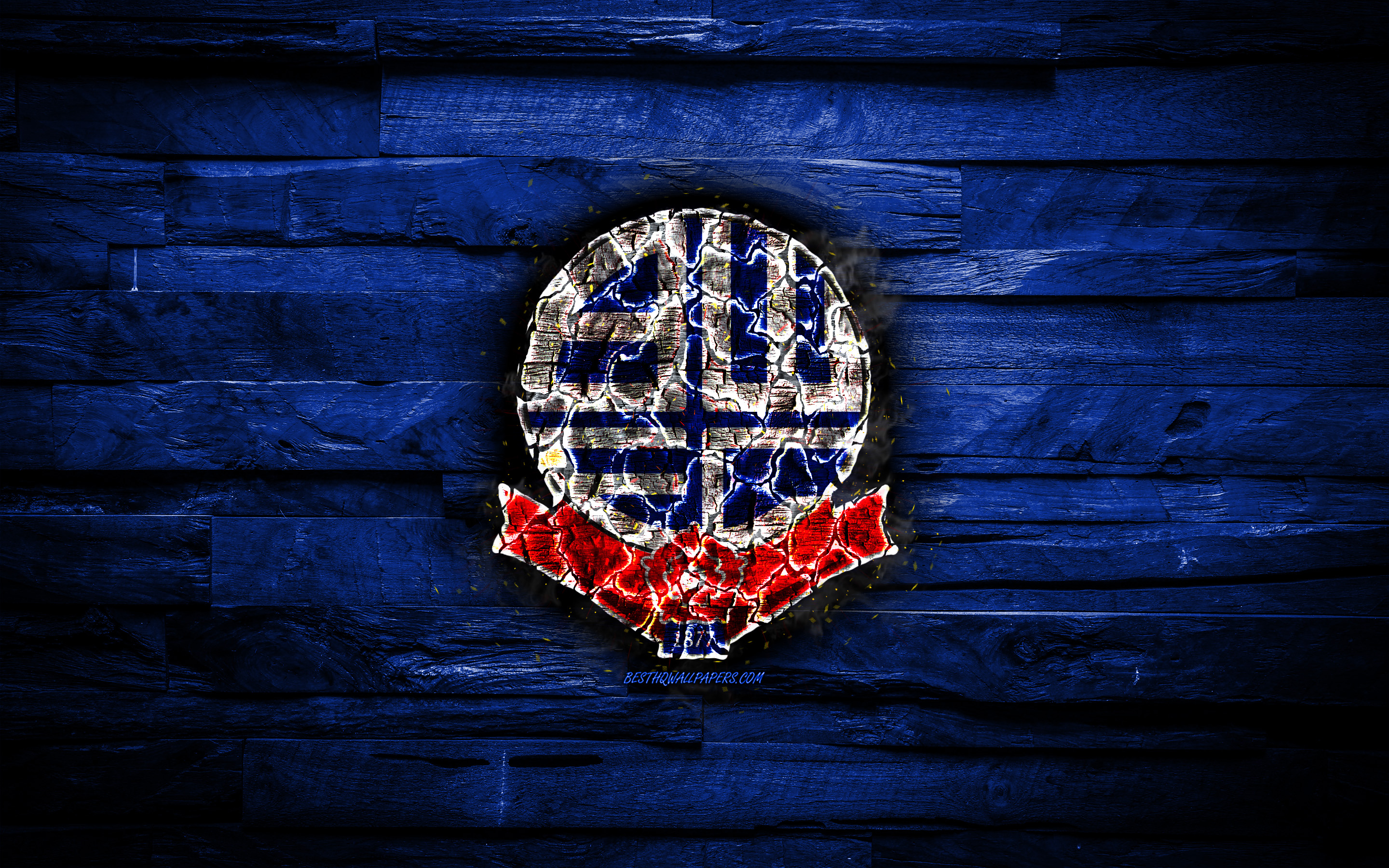 2880x1800 Download wallpaper Bolton Wanderers FC, blue wooden background, England, burning logo, Championship, english football club, grunge, Bolton Wanderers logo, football, soccer, wooden texture for desktop with resolution. High Quality HD picture, Desktop