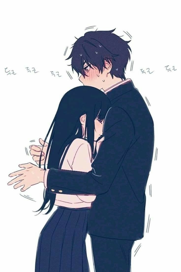 740x1110 cute anime couple wallpaper, anime, black hair, cartoon, gesture, illustration, long hair, hime cut, hug, Phone