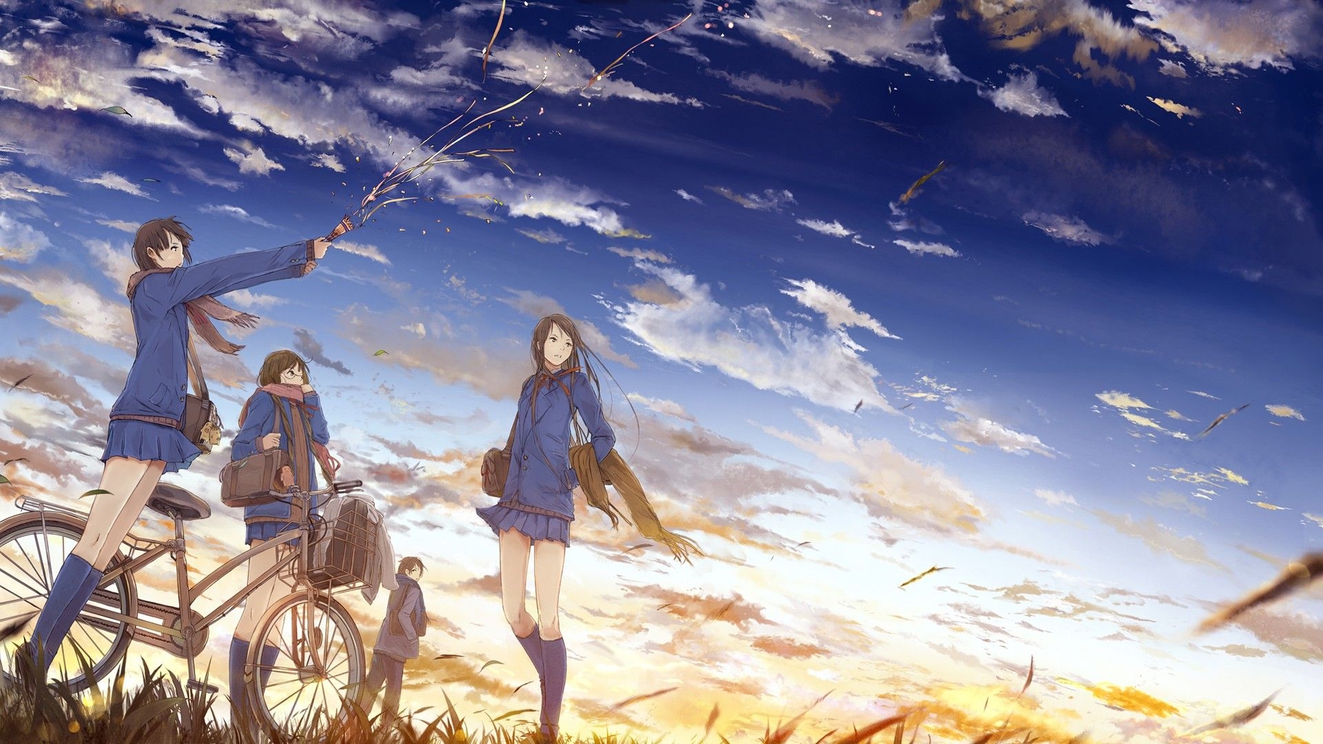 1920x1080 Wallpaper, sunlight, sunset, sea, anime girls, bicycle, sky, field, clouds, Tourism, school uniform, original characters, friendship, horizon, summer, happiness, vacation, cloud, mountain, leisure, fun, daytime,  px, computer wallpaper, Desktop