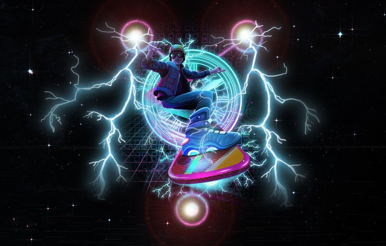 1340x850 Wallpaper Stars, Zipper, Art, 80s, Neon, Back to the Future, 80's, dandingeroz, by dandingeroz, Hoverboard Takes Flight, Hoverboard image for desktop, section арт, Desktop