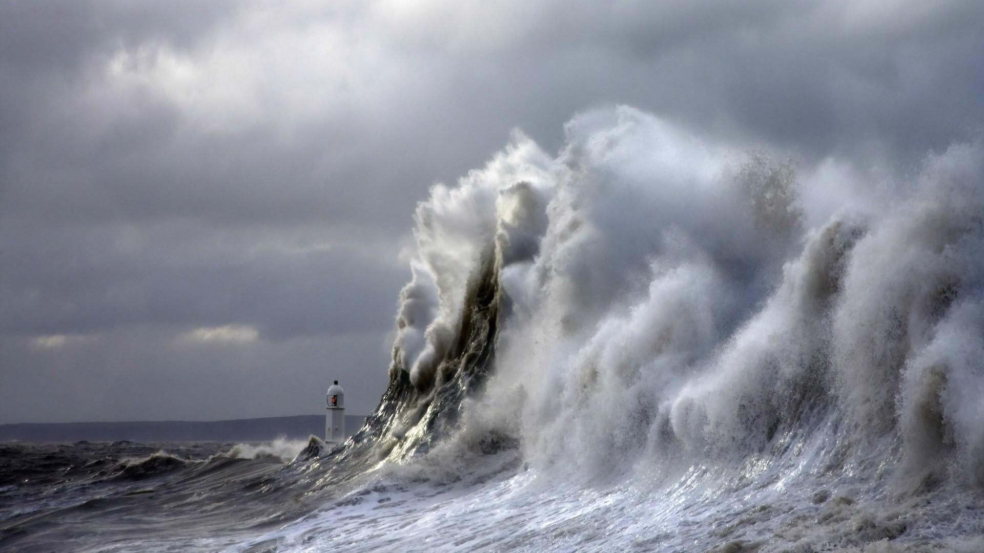 1920x1080 Nature, Landscape, Sea, Waves, Clouds, Lighthouse, Desktop