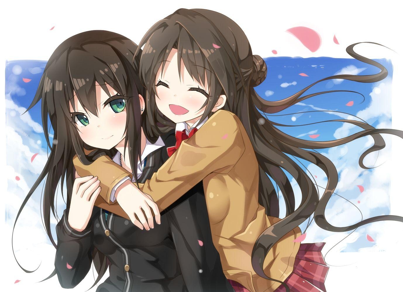 1380x1000 2girls blush brown_hair green_eyes hug idolmaster, Desktop