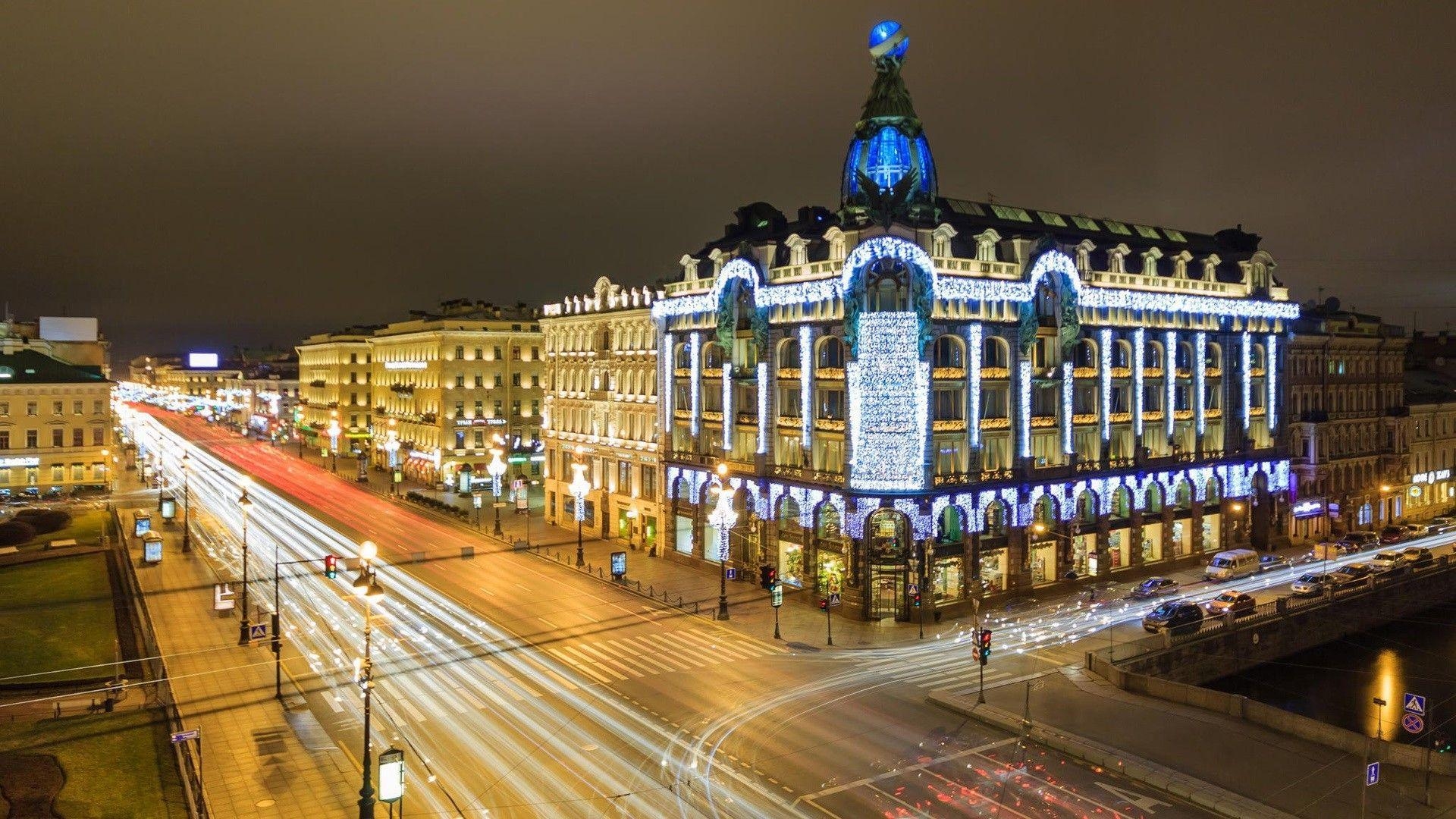 1920x1080 Street Lit Night St Petersburg Russia Lights Houses Buildings City, Desktop