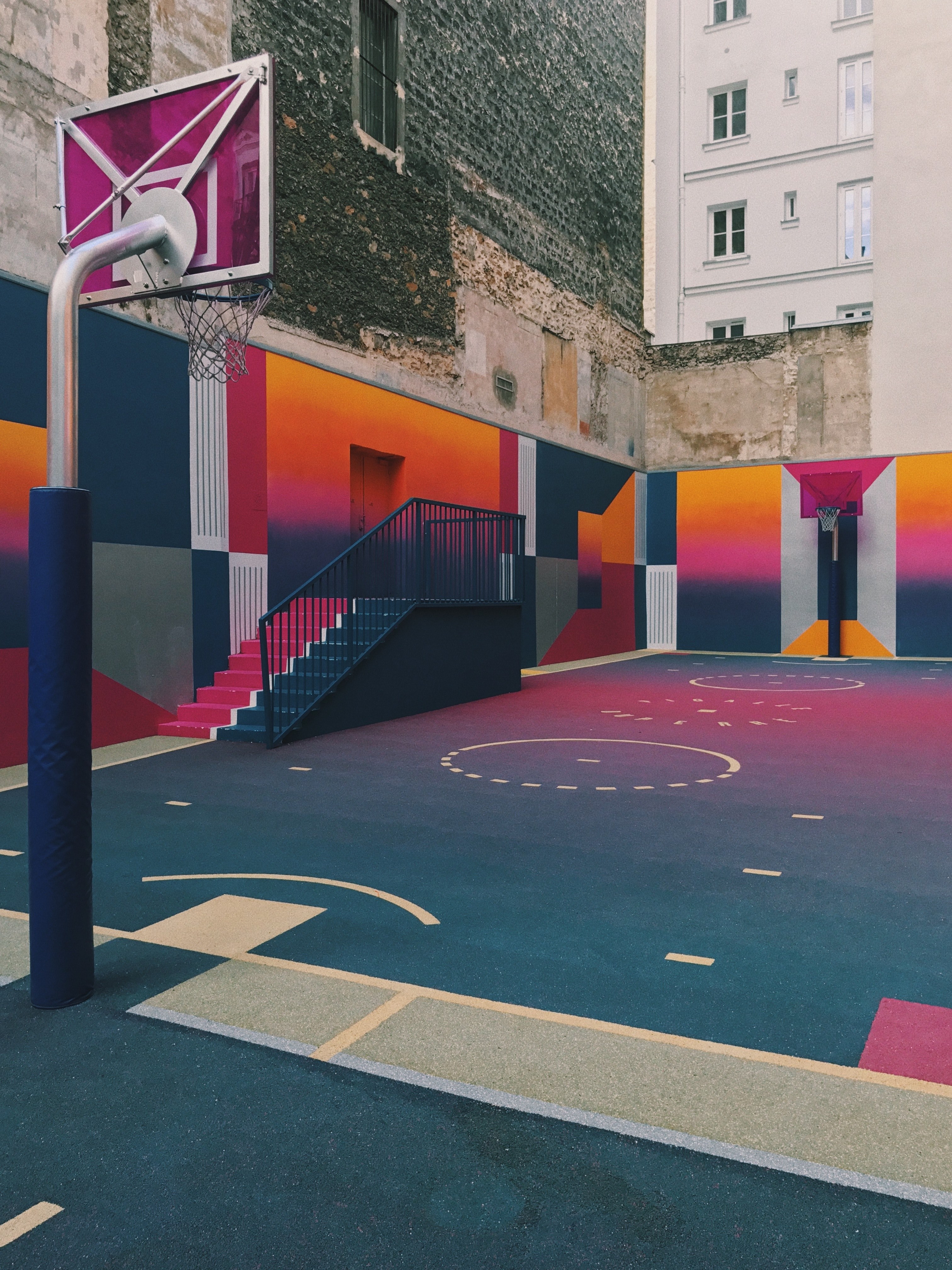 3030x4040 Wallpaper / urban basketball court with colorful graffiti on walls and floor sen zhorzh parizh il de frans franciya, technicolor basketball court in paris 4k wallpaper free download, Phone