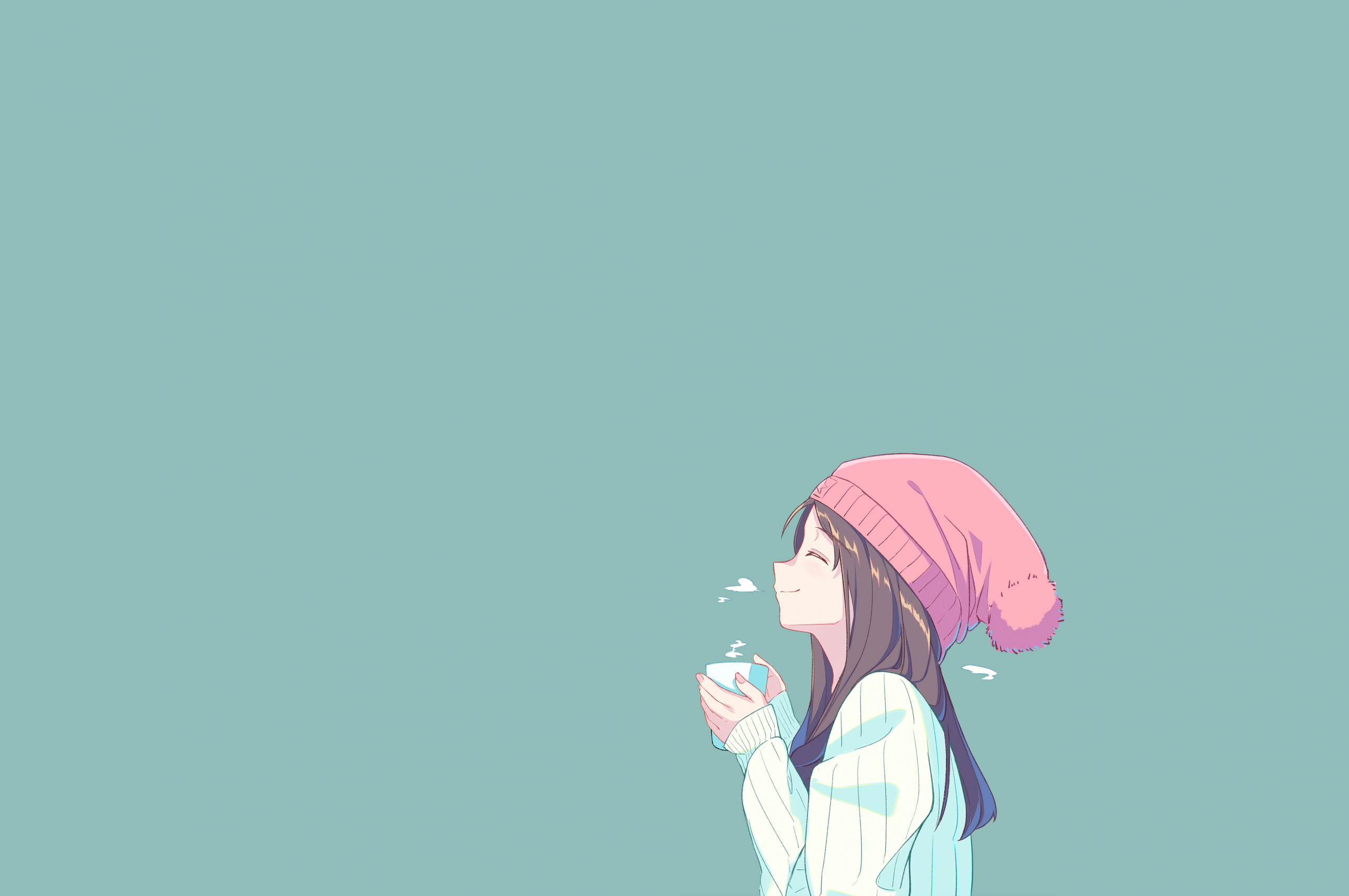 2560x1700 Download  Cute Anime Girl, Smiling, Profile View, Coffee, Beanie, Brown Hair Wallpaper for Chromebook Pixel, Desktop