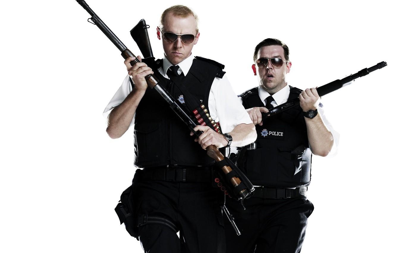 1340x850 Wallpaper weapons, gun, glasses, police, Simon Pegg, Nick, Desktop