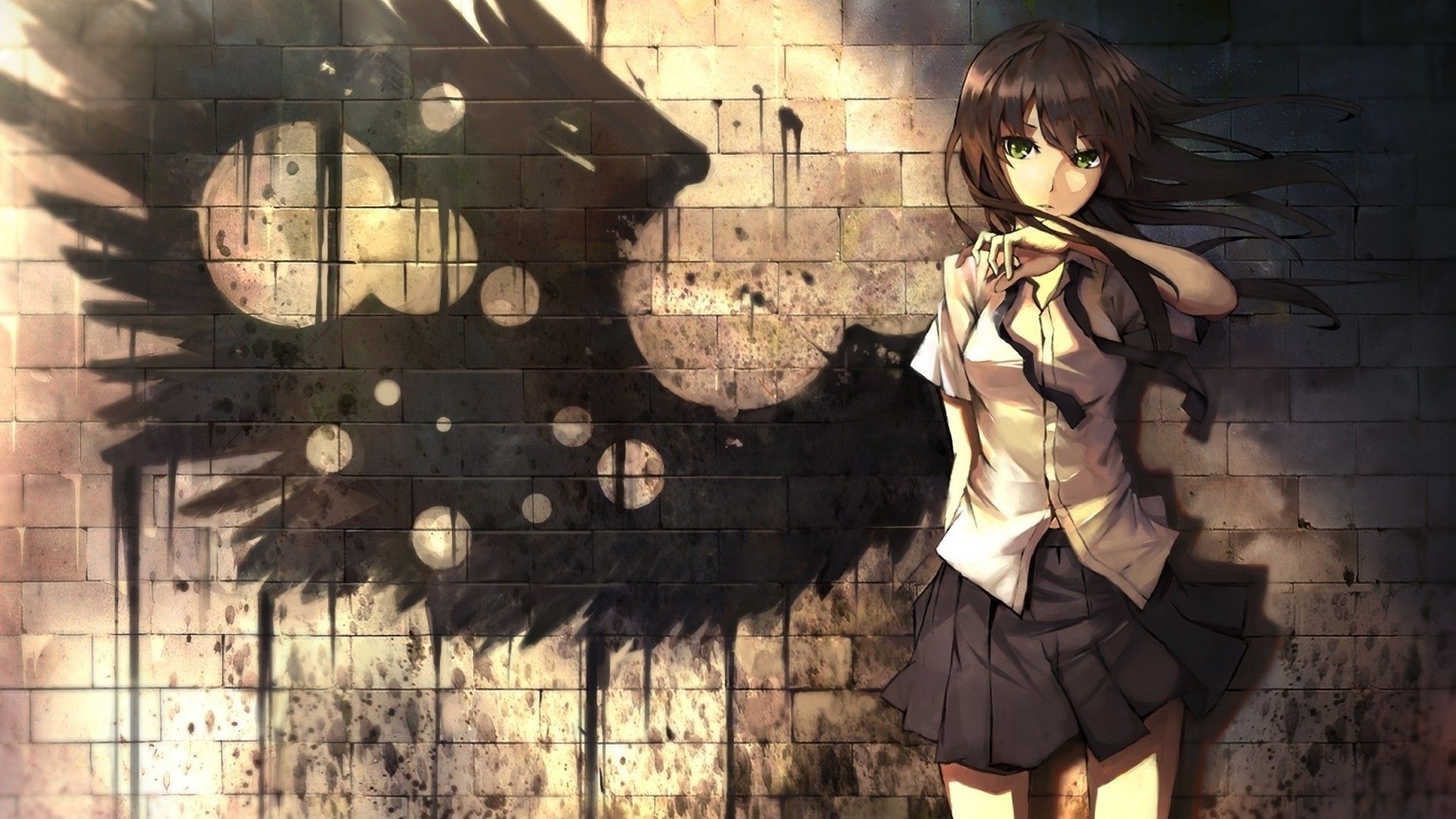 1920x1080 Green Eyes Girl With Shadow Wings Anime Hd Wallpaper, Desktop