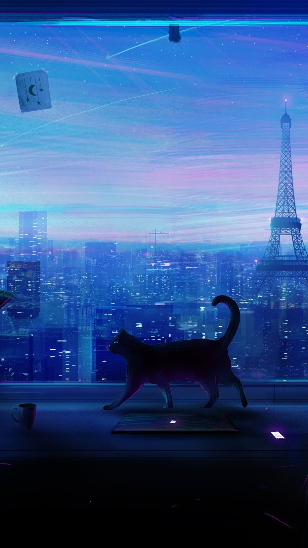 1080x1920 Cat City Night Scenery Anime 4K Wallpaper, Phone