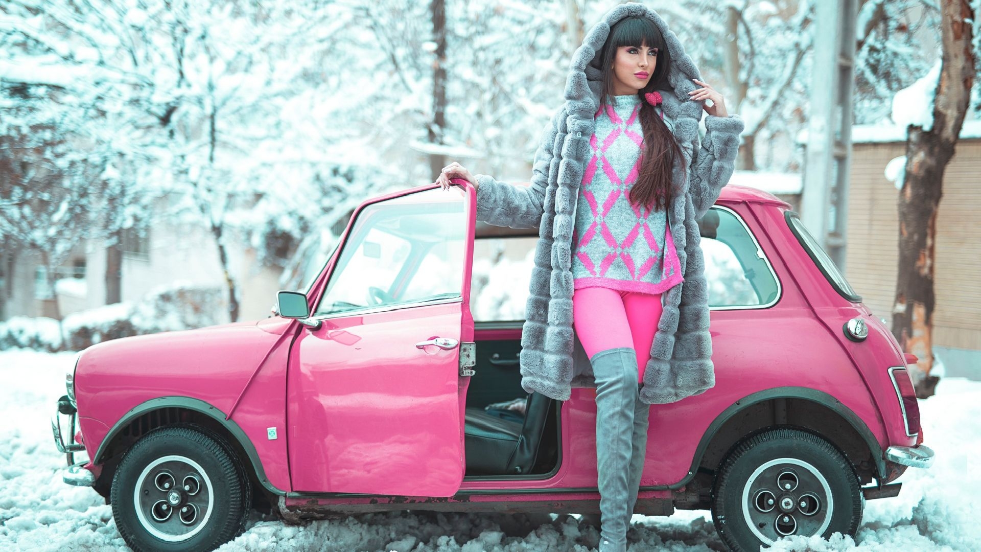 1920x1080 Beautiful Girl, Winter, Pink Retro Small Car Free Download, Desktop