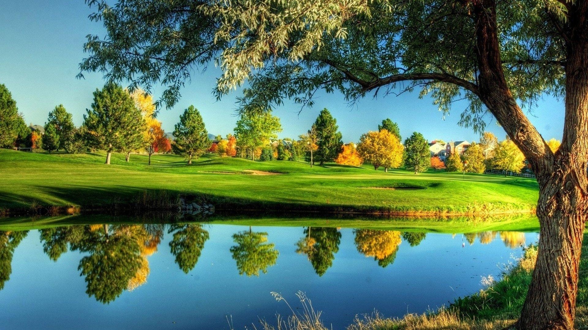 1920x1080 tranquility, fall, meadows, river, grass, golf course, reflection, Desktop