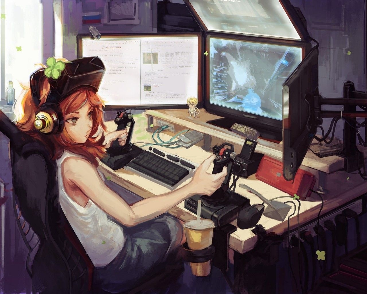 1280x1030 Anime Gamer Girl, Room, Gaming Setup, Headphones, Desktop