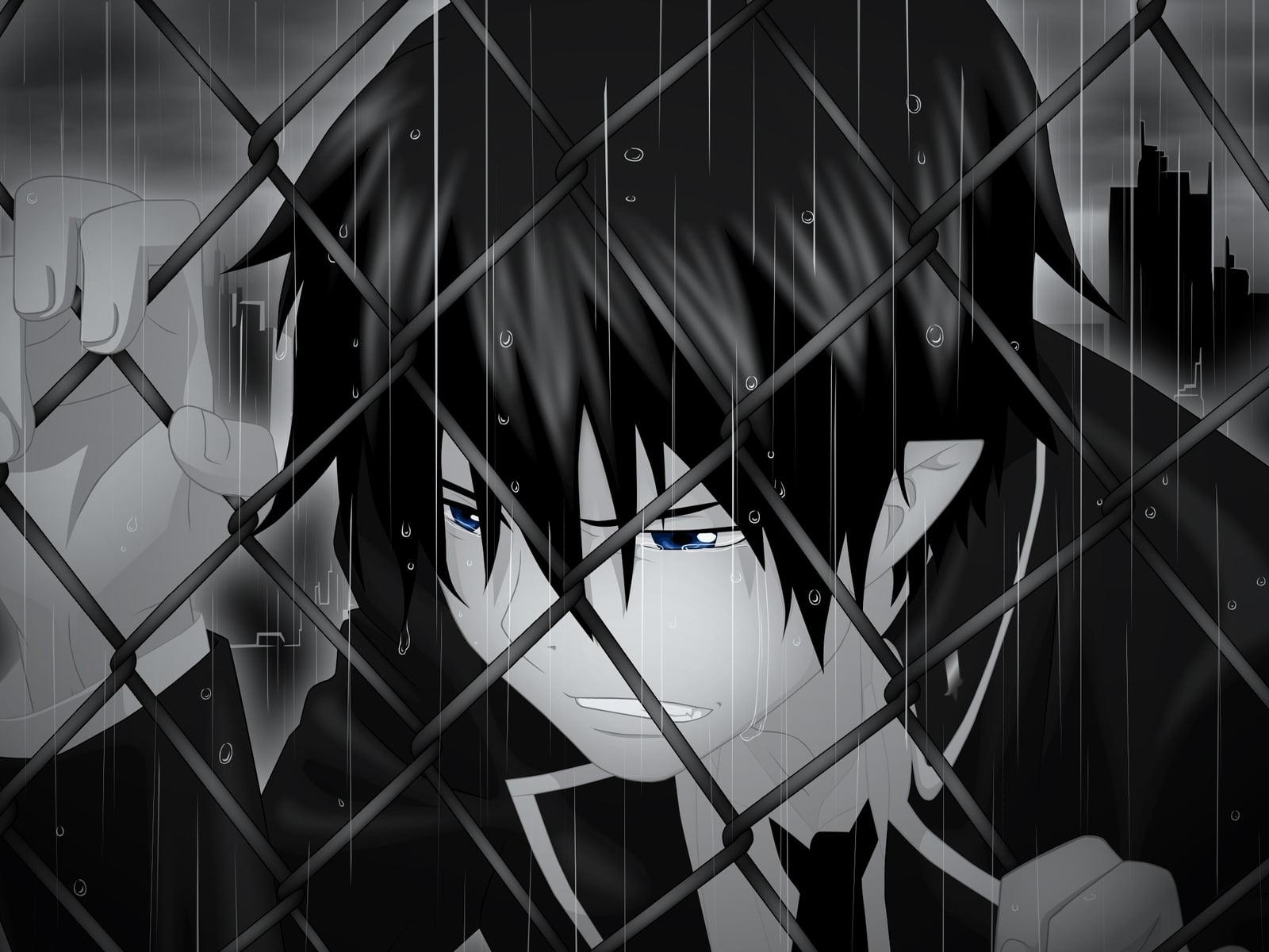 1600x1200 Male anime character crying under the rain while holding on fence, Desktop