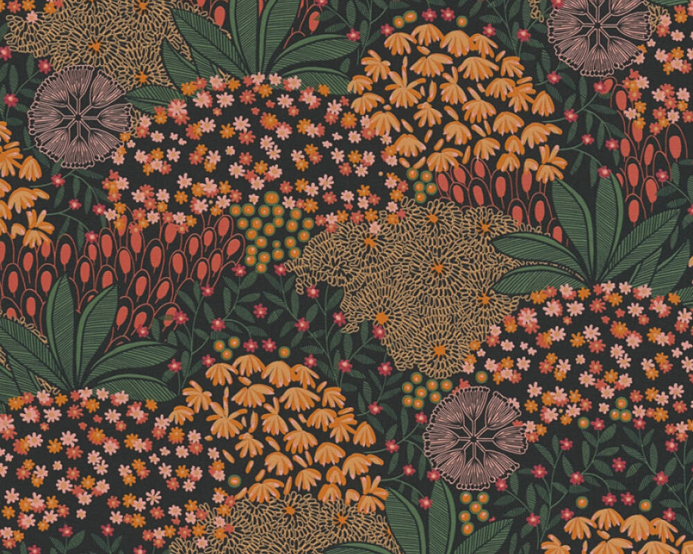 1000x800 Private Walls Wallpaper «Floral, Black, Green, Orange, Red» 387403, Desktop