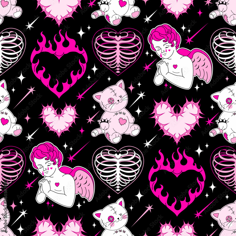 1000x1000 Vektorová grafika „Gothic glam seamless pattern, wallpaper.Y2k lovestruck emo goth concept.Wire, burn hearts, angel, black and pink goth elements on dark background.Vector cool teen backdrop, fabric.90s, 00s aesthetic.“ ze služby Stock, Phone