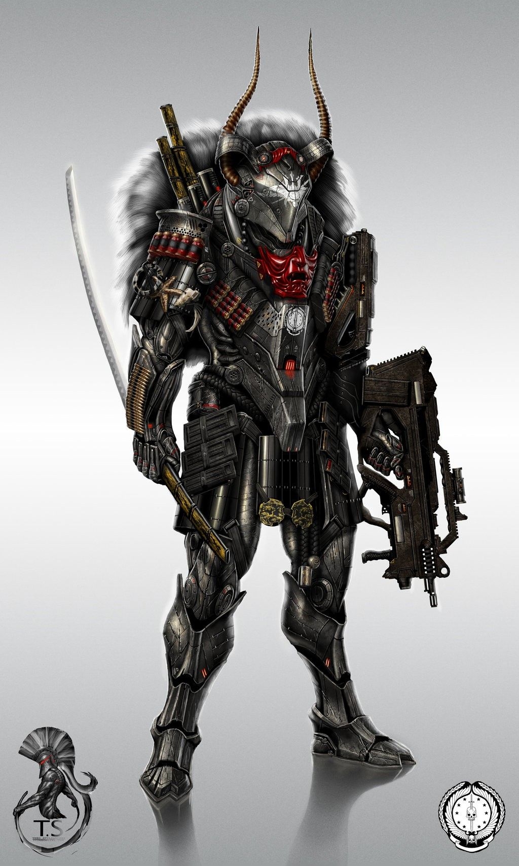 1030x1710 soldiers guns futuristic samurai horns weapons zatichi armor digital art concept art shogun warrio, Phone