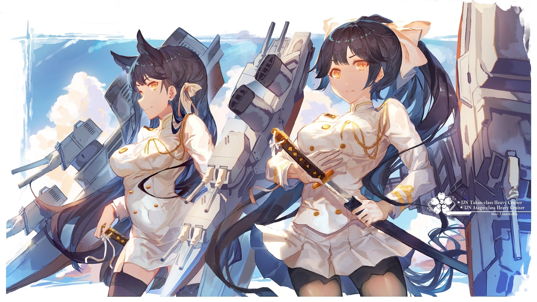 1800x1020 Wallpaper Azur Lane, Takao, Atago, Anime Girls, Katana, Animal Ears, Desktop